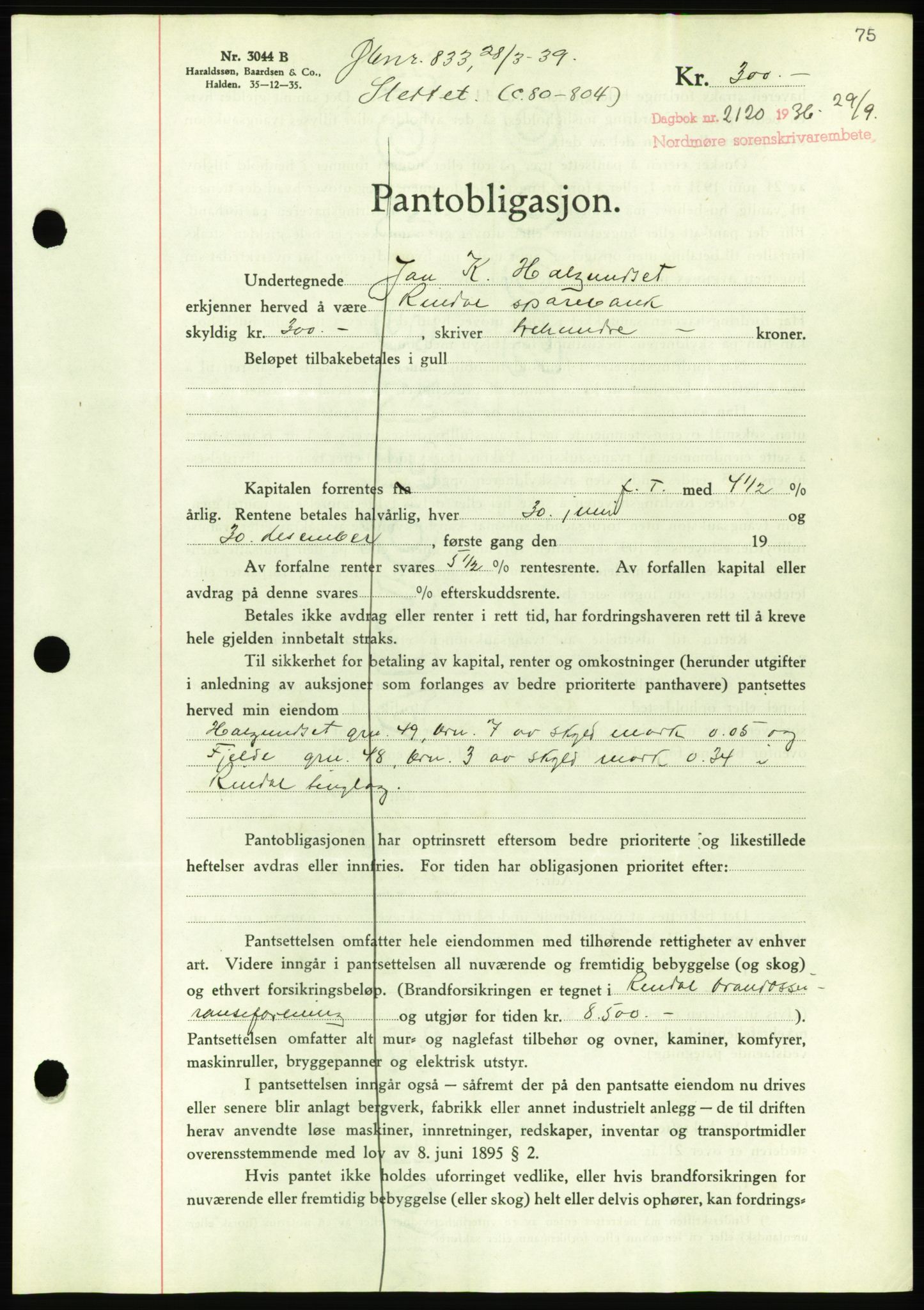 Nordmøre sorenskriveri, AV/SAT-A-4132/1/2/2Ca/L0090: Mortgage book no. B80, 1936-1937, Diary no: : 2120/1936