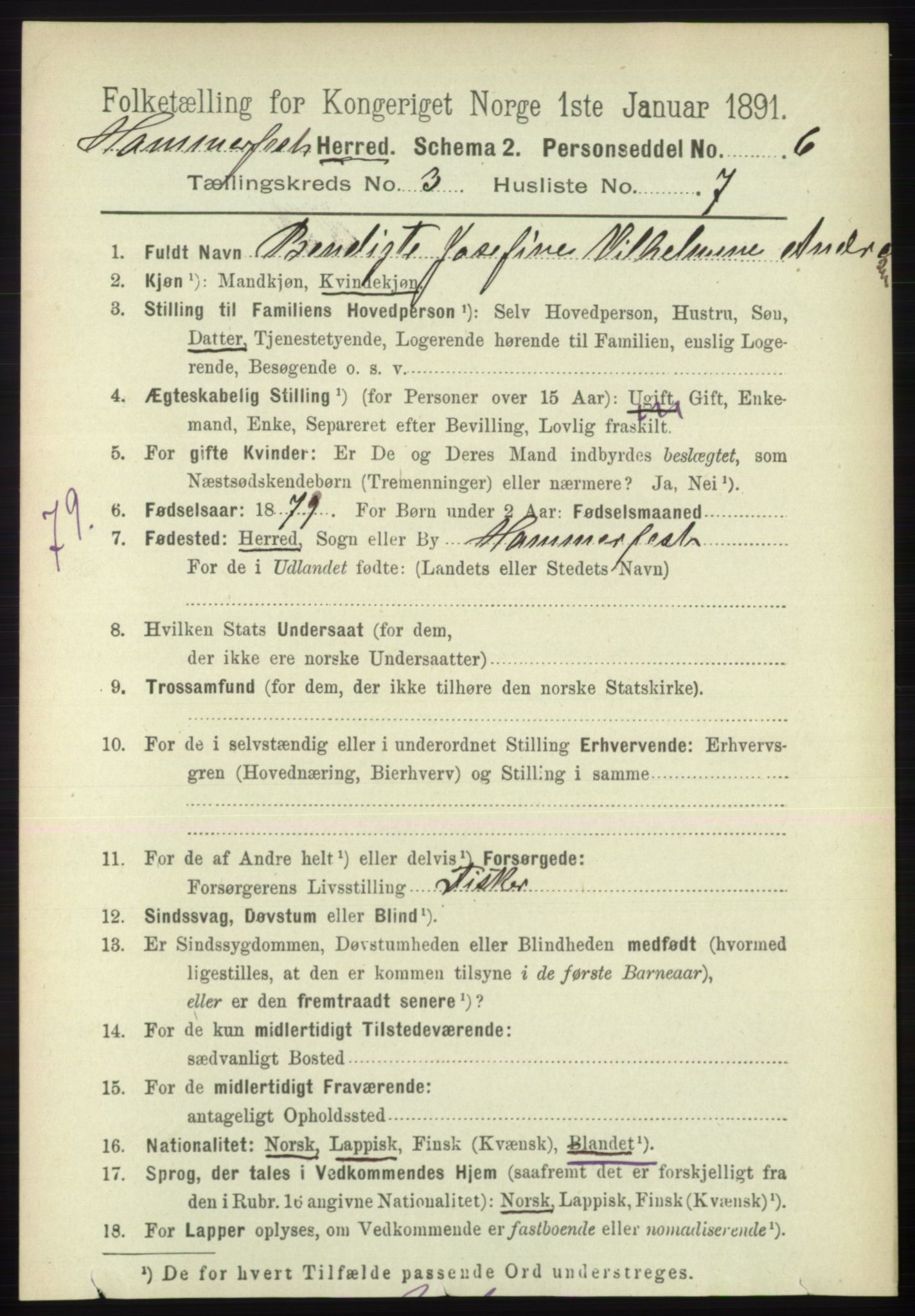 RA, 1891 census for 2016 Hammerfest, 1891, p. 1050
