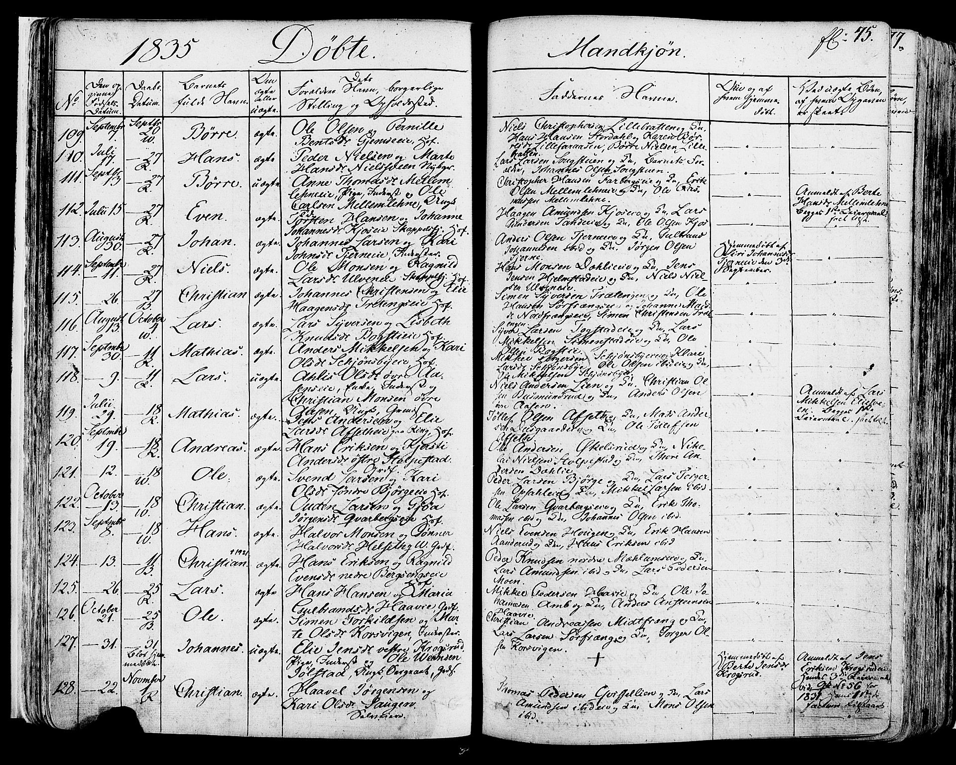 Ringsaker prestekontor, AV/SAH-PREST-014/K/Ka/L0007: Parish register (official) no. 7A, 1826-1837, p. 75