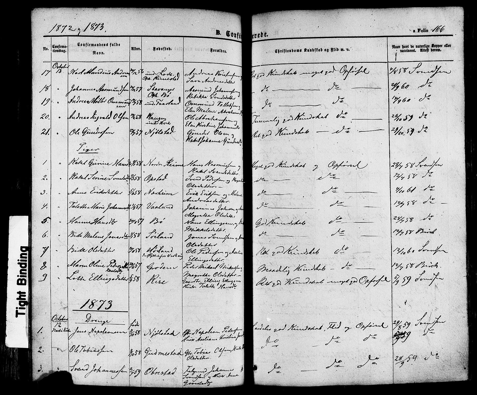 Hå sokneprestkontor, AV/SAST-A-101801/001/30BA/L0008: Parish register (official) no. A 7, 1853-1878, p. 166