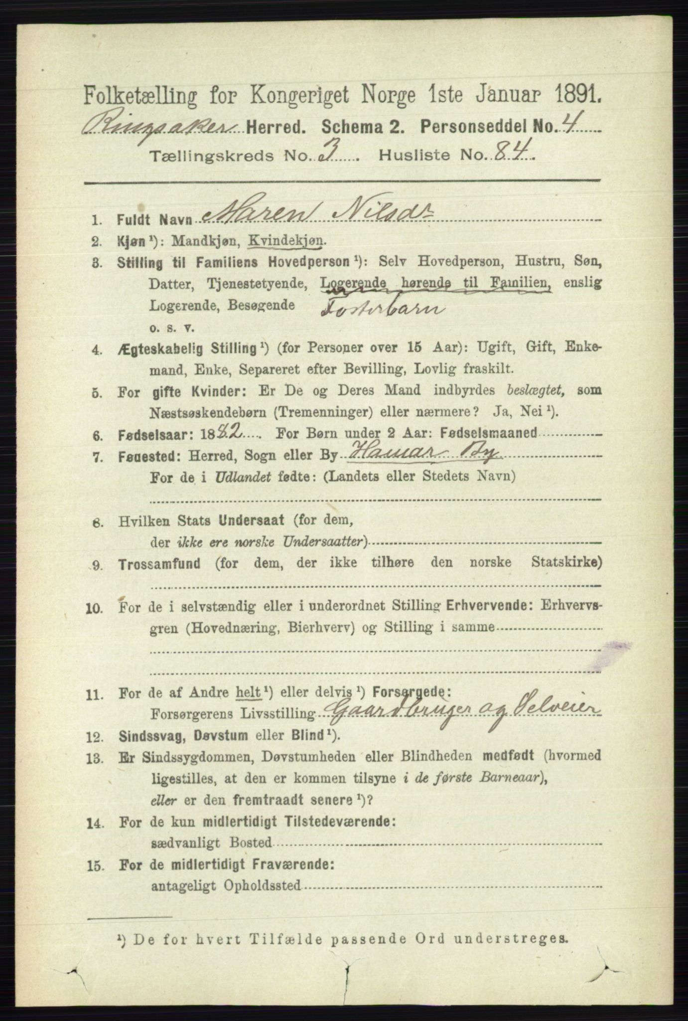 RA, 1891 census for 0412 Ringsaker, 1891, p. 1671