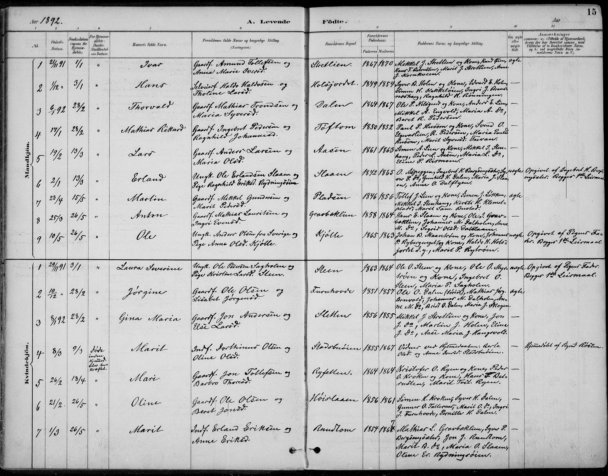 Alvdal prestekontor, SAH/PREST-060/H/Ha/Haa/L0003: Parish register (official) no. 3, 1886-1912, p. 15