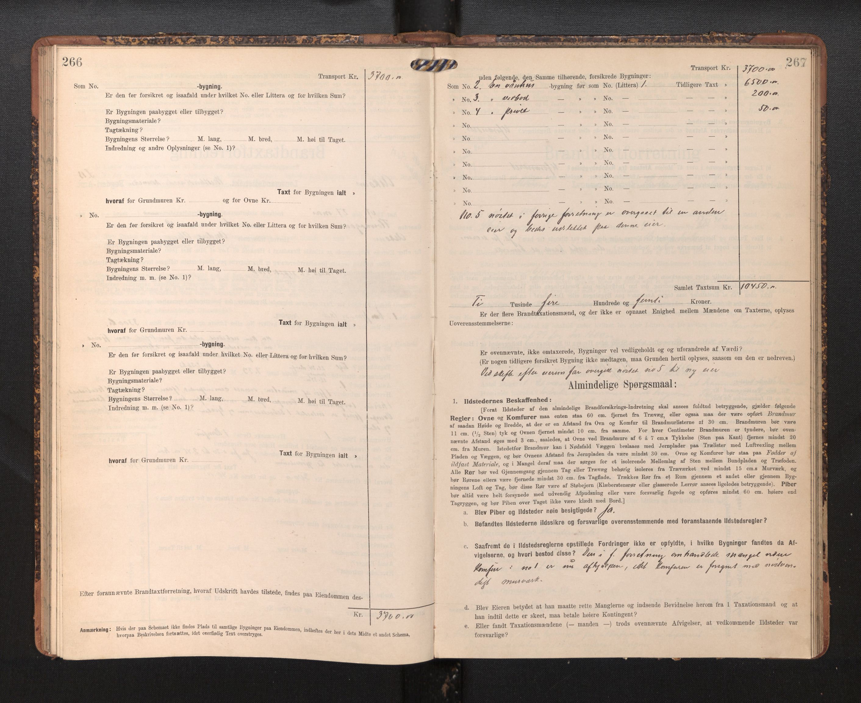 Lensmannen i Askøy, AV/SAB-A-31001/0012/L0005: Branntakstprotokoll, skjematakst, 1907-1915, p. 266-267