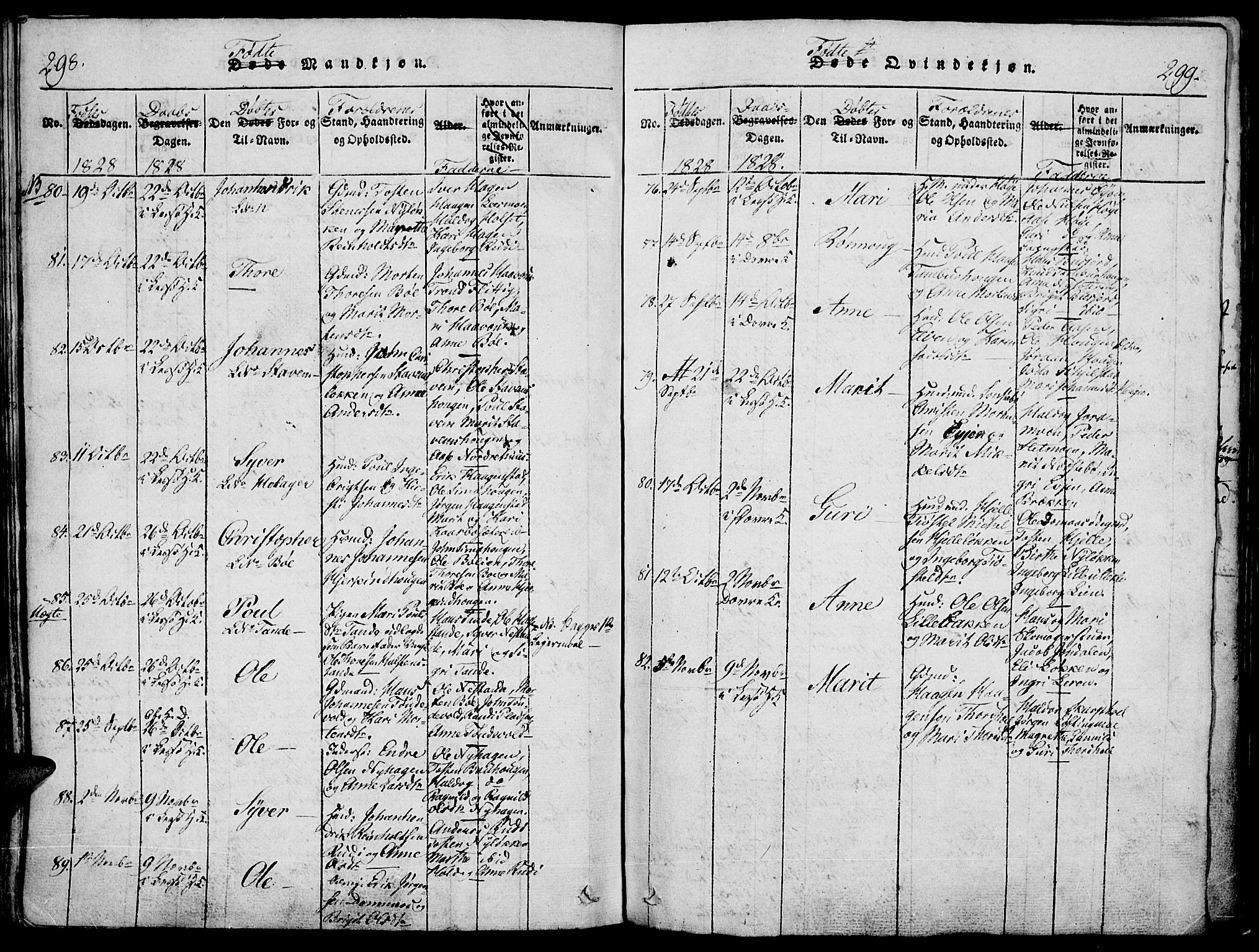 Lesja prestekontor, SAH/PREST-068/H/Ha/Haa/L0004: Parish register (official) no. 4, 1820-1829, p. 298-299