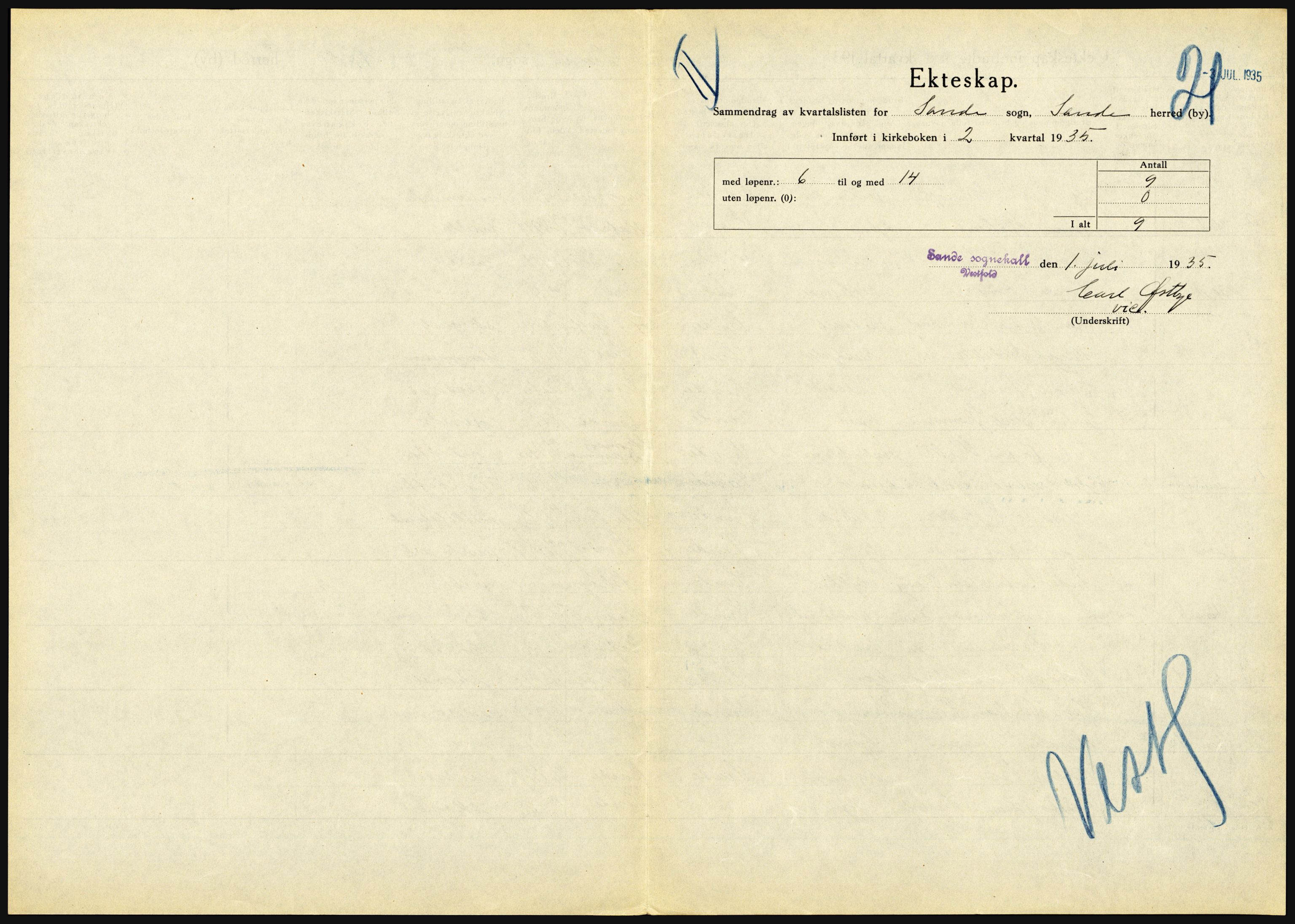 Statistisk sentralbyrå, Sosiodemografiske emner, Befolkning, AV/RA-S-2228/D/Df/Dfd/Dfde/L0016: Vestfold, 1935, p. 31