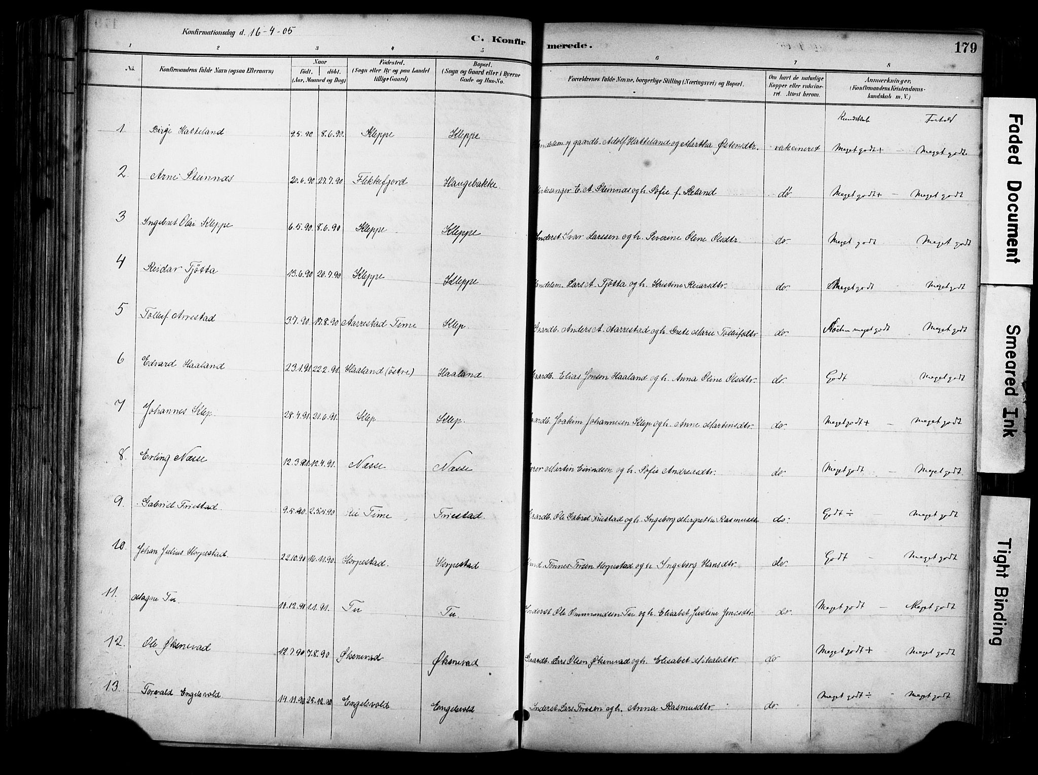 Klepp sokneprestkontor, SAST/A-101803/001/3/30BA/L0009: Parish register (official) no. A 7, 1886-1915, p. 179