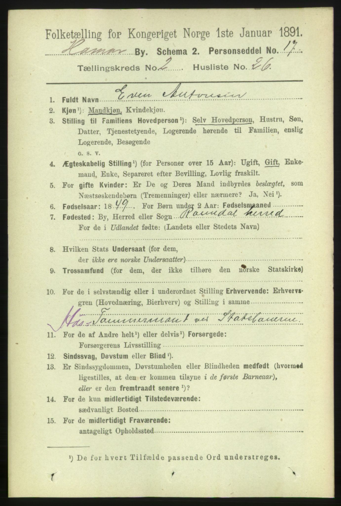 RA, 1891 census for 0401 Hamar, 1891, p. 1385