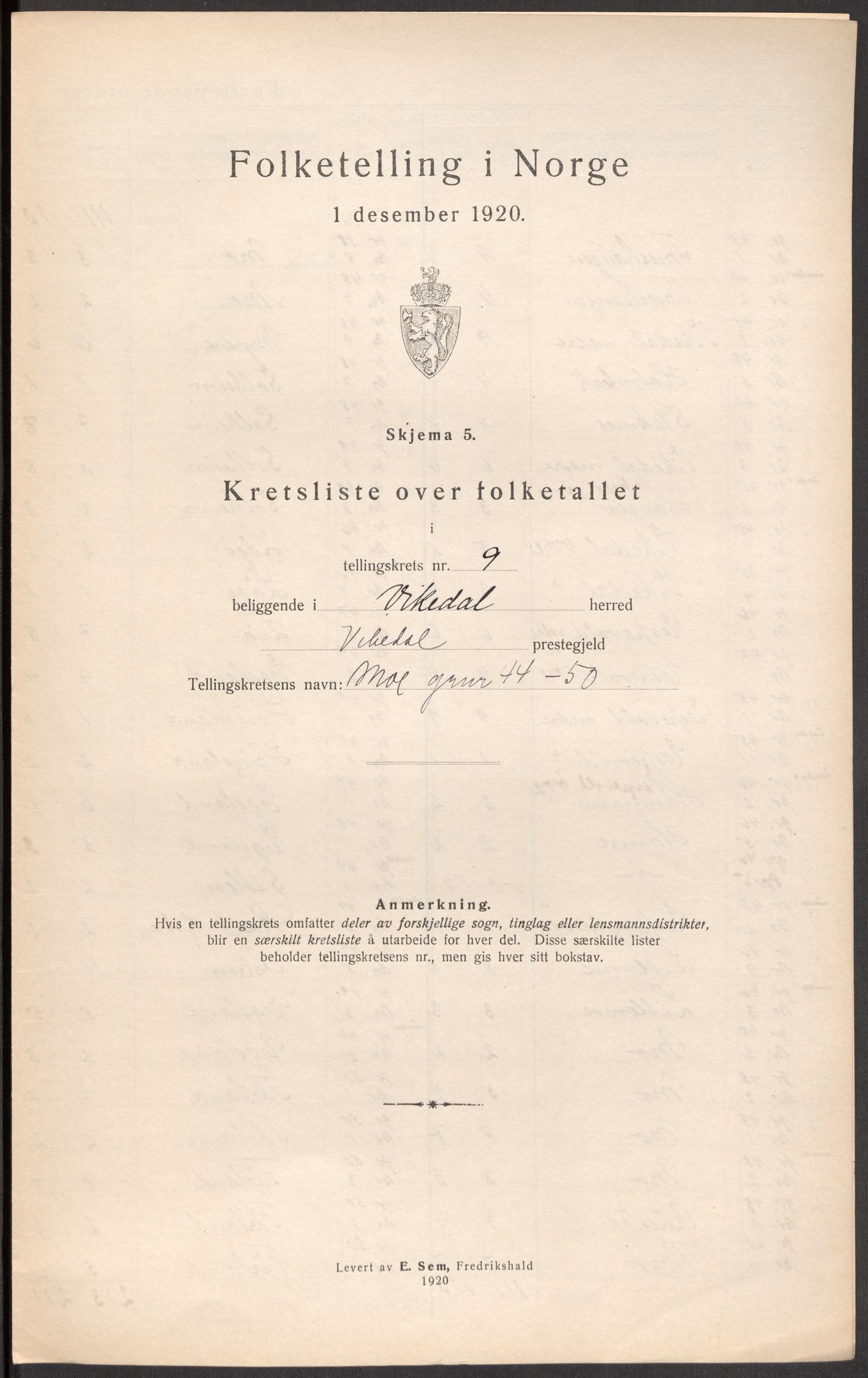 SAST, 1920 census for Vikedal, 1920, p. 96