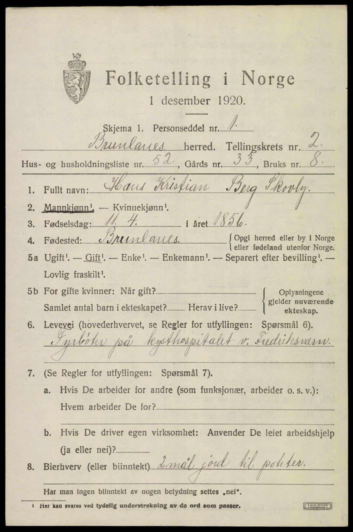SAKO, 1920 census for Brunlanes, 1920, p. 3855