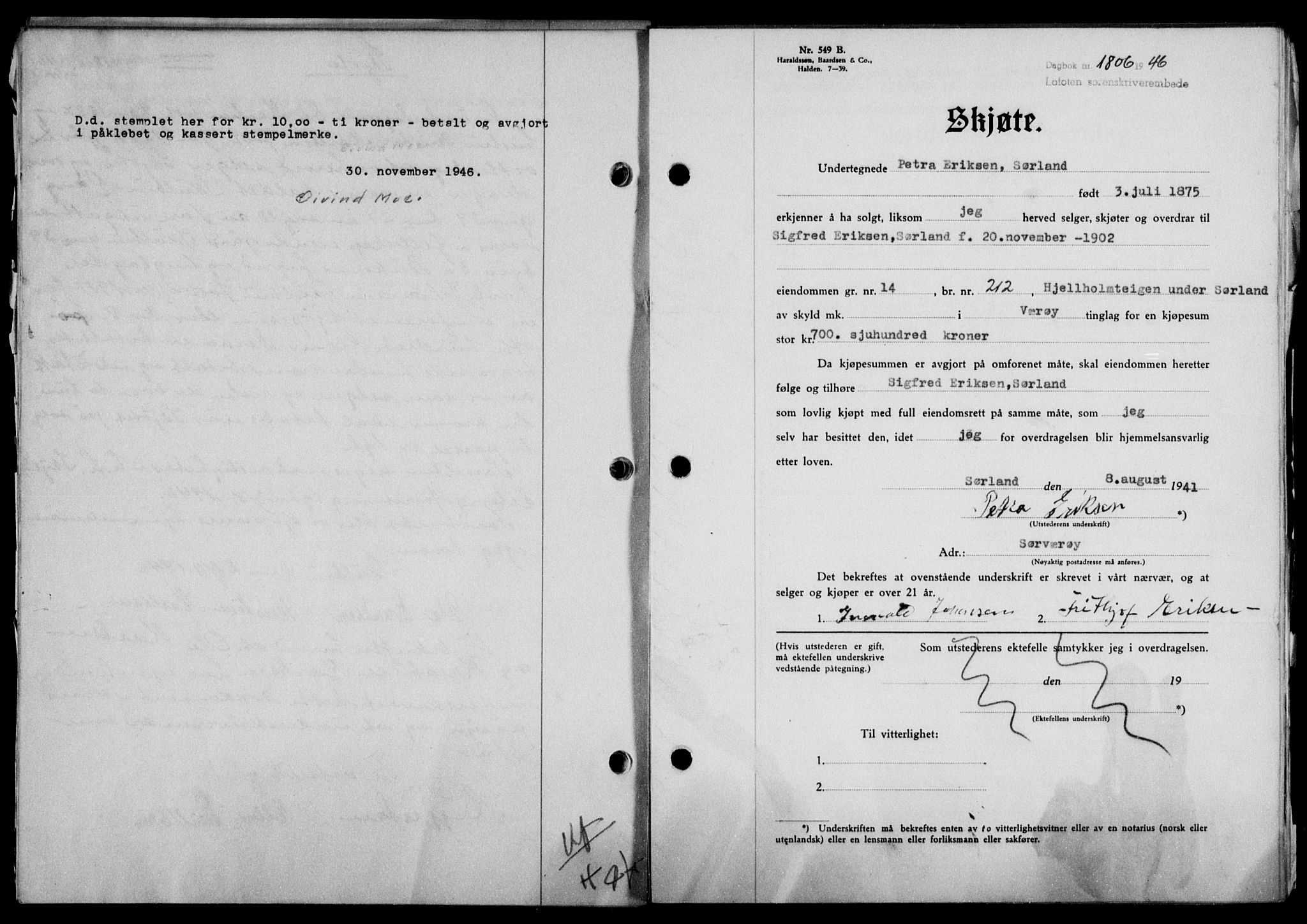 Lofoten sorenskriveri, SAT/A-0017/1/2/2C/L0015a: Mortgage book no. 15a, 1946-1947, Diary no: : 1806/1946