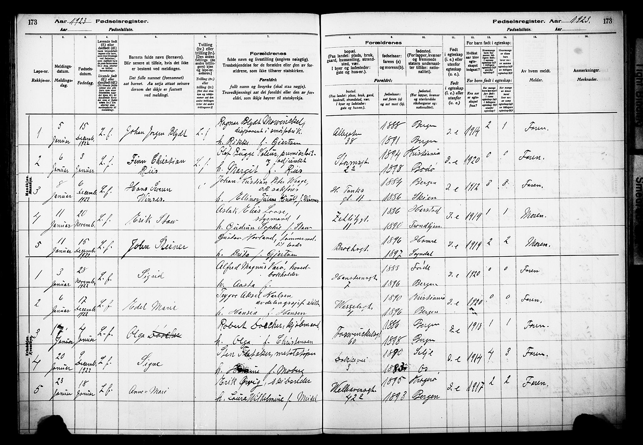 Johanneskirken sokneprestembete, SAB/A-76001/I/Id/L00A1: Birth register no. A 1, 1916-1924, p. 173