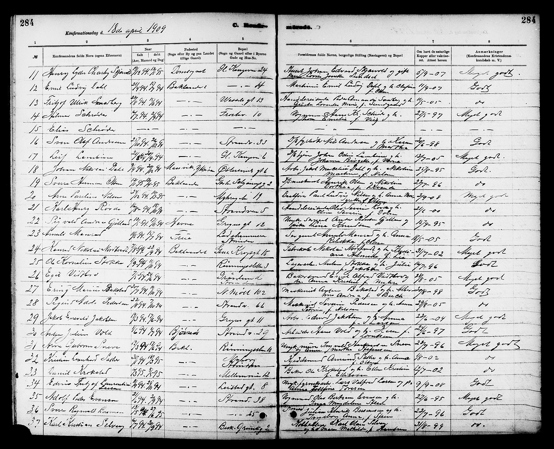 Ministerialprotokoller, klokkerbøker og fødselsregistre - Sør-Trøndelag, SAT/A-1456/605/L0254: Parish register (copy) no. 605C01, 1908-1916, p. 284