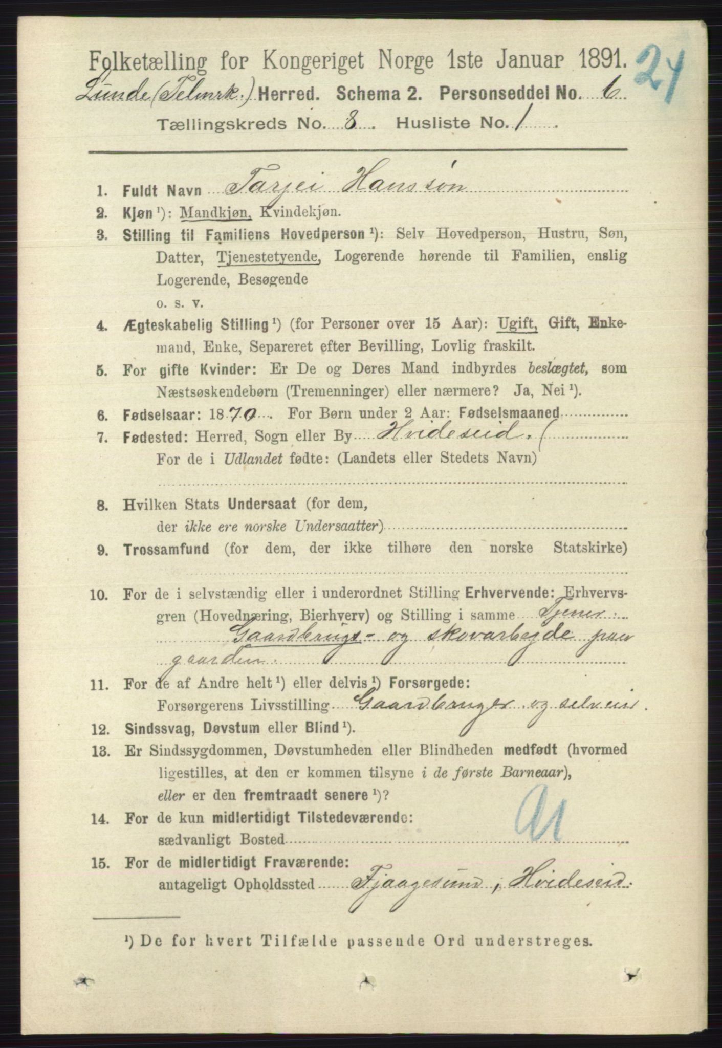 RA, 1891 census for 0820 Lunde, 1891, p. 2379