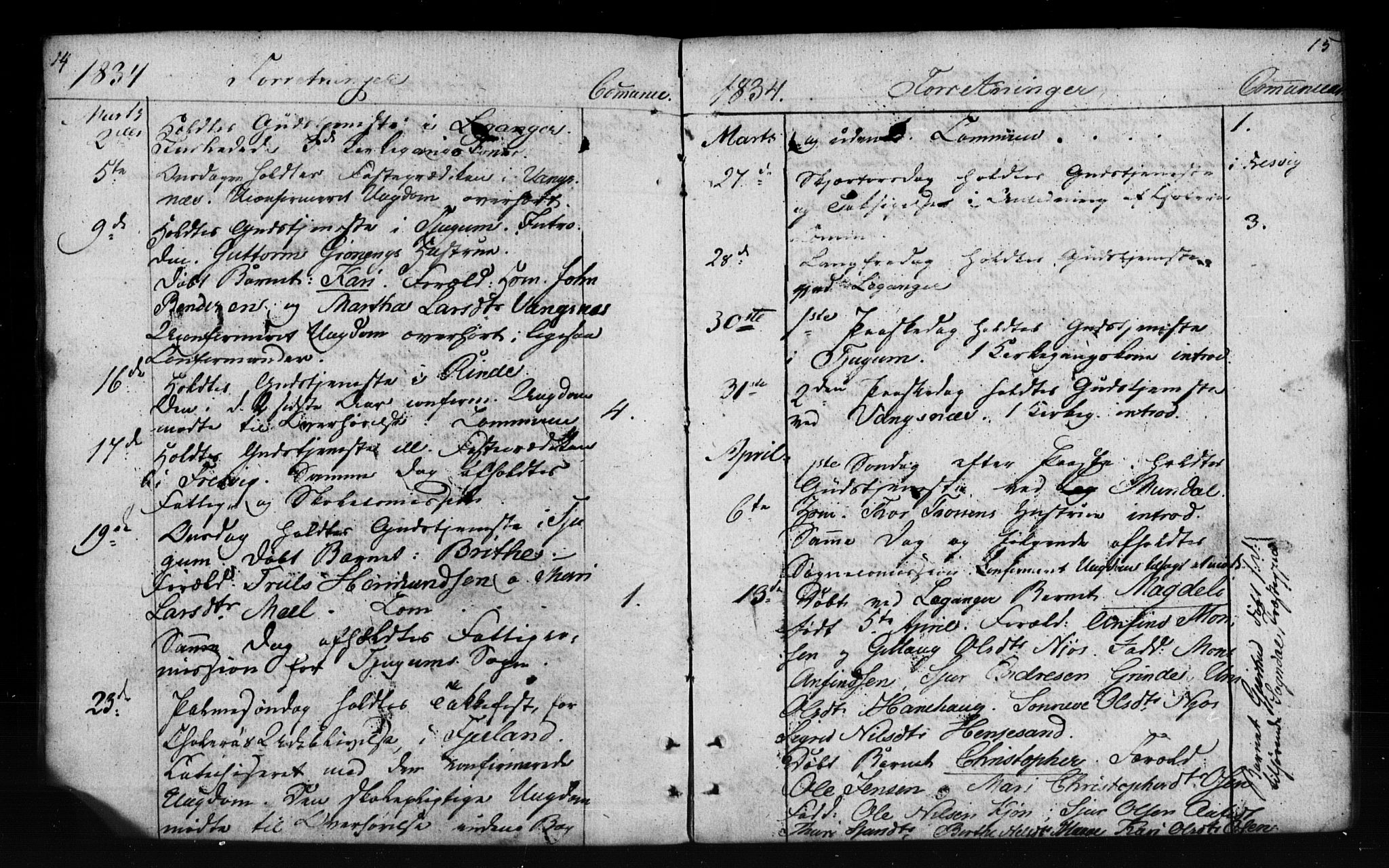 Leikanger sokneprestembete, AV/SAB-A-81001: Curate's parish register no. A 1A, 1833-1838, p. 14-15