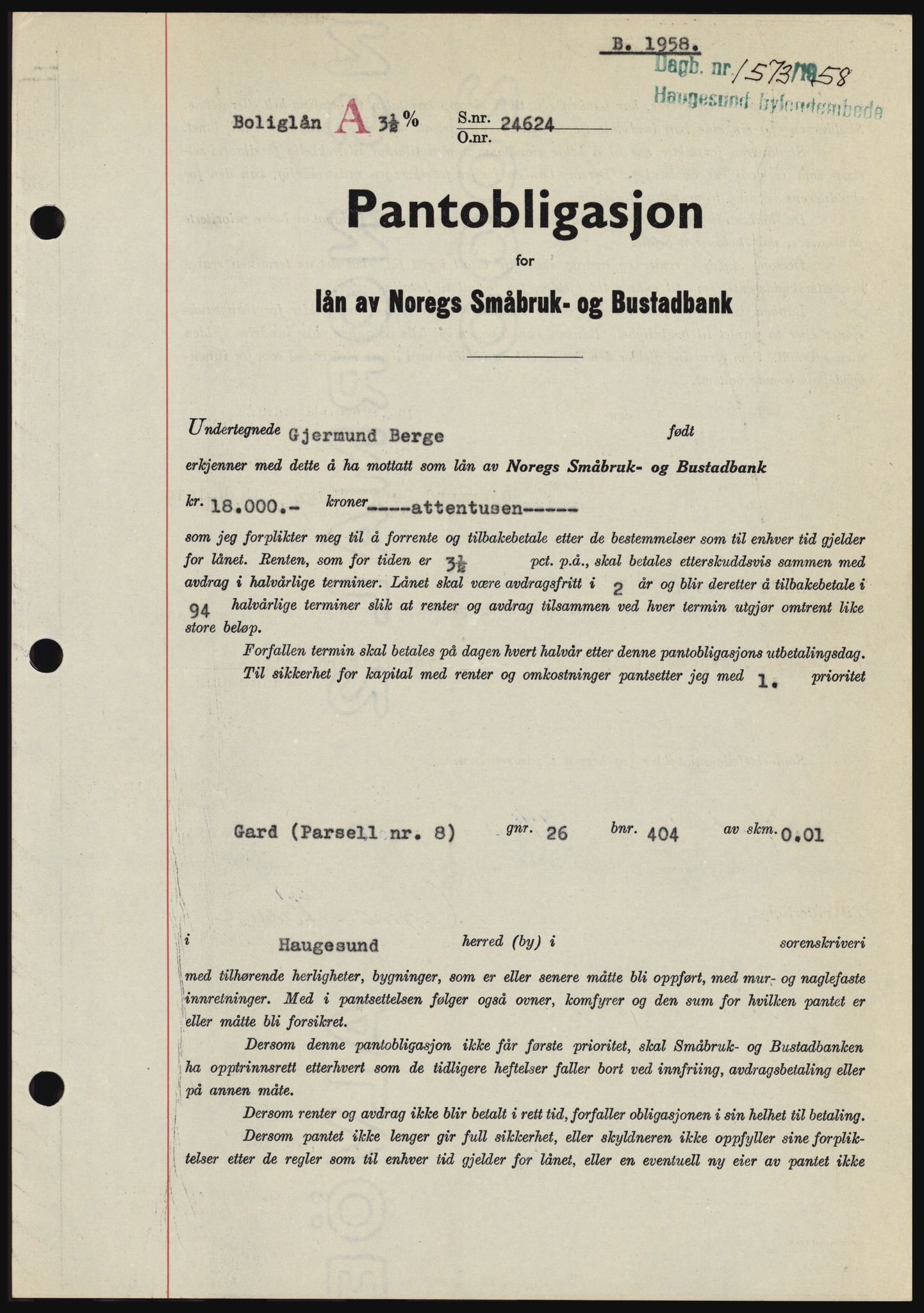 Haugesund tingrett, SAST/A-101415/01/II/IIC/L0044: Mortgage book no. B 44, 1958-1959, Diary no: : 1573/1958
