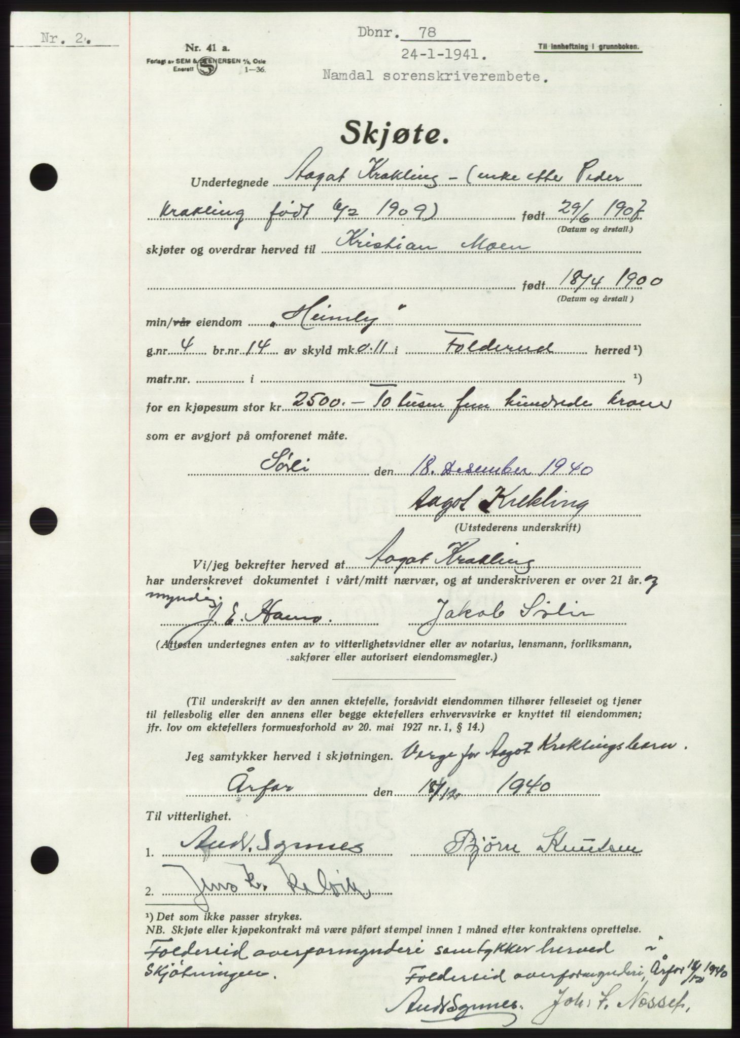 Namdal sorenskriveri, AV/SAT-A-4133/1/2/2C: Mortgage book no. -, 1940-1941, Deed date: 24.01.1941