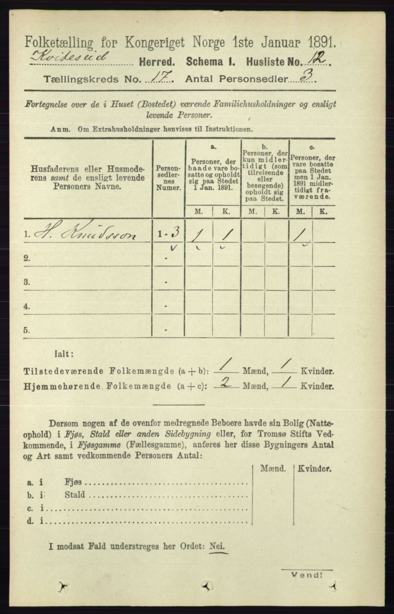 RA, 1891 census for 0829 Kviteseid, 1891, p. 3765