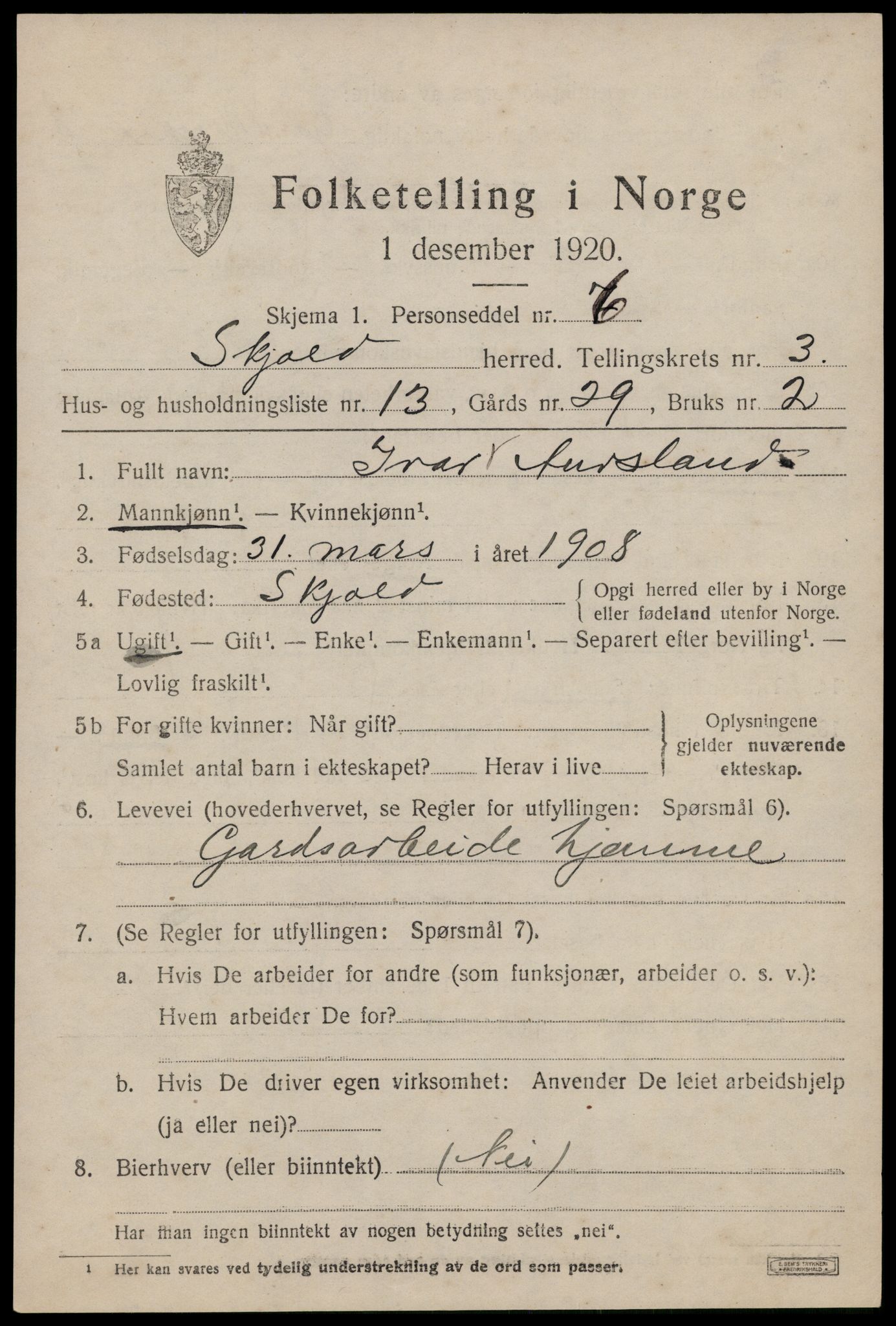 SAST, 1920 census for Skjold, 1920, p. 2104