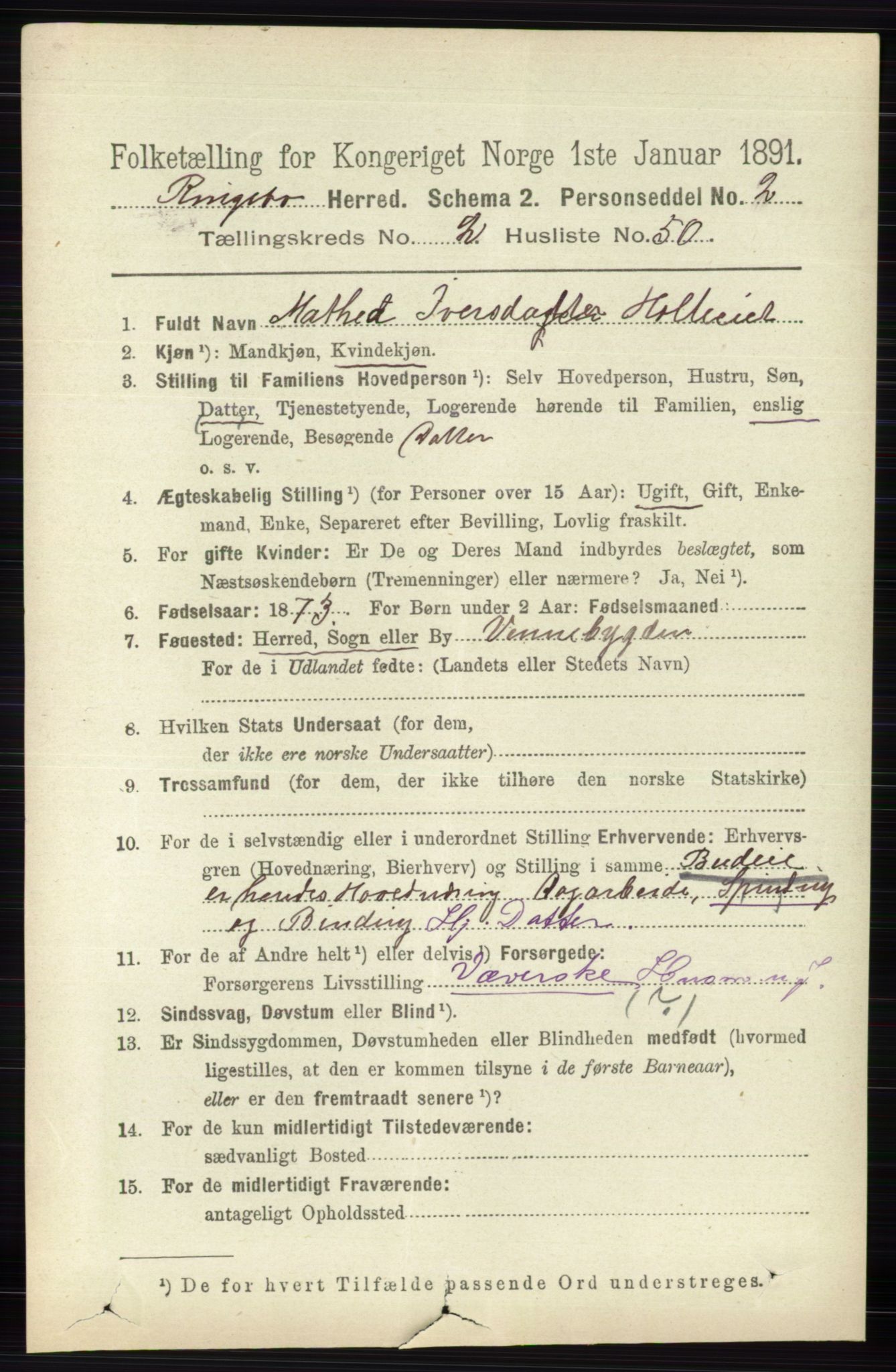 RA, 1891 census for 0520 Ringebu, 1891, p. 620