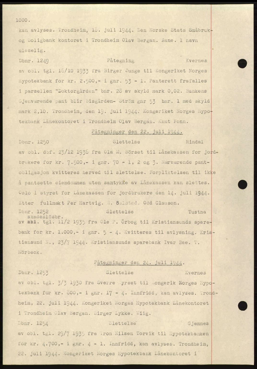 Nordmøre sorenskriveri, AV/SAT-A-4132/1/2/2Ca: Mortgage book no. C81, 1940-1945, Diary no: : 1249/1944