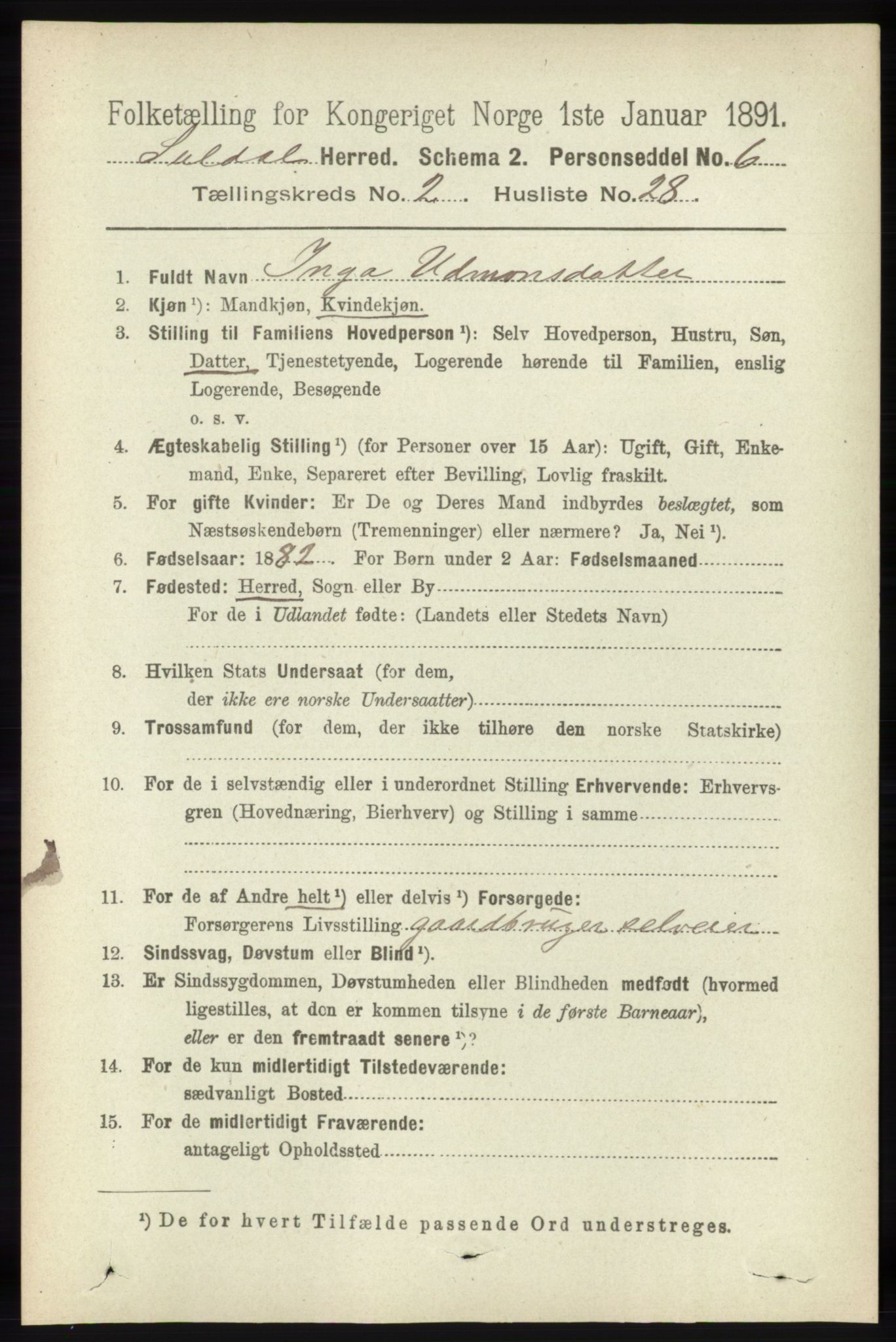 RA, 1891 census for 1134 Suldal, 1891, p. 408