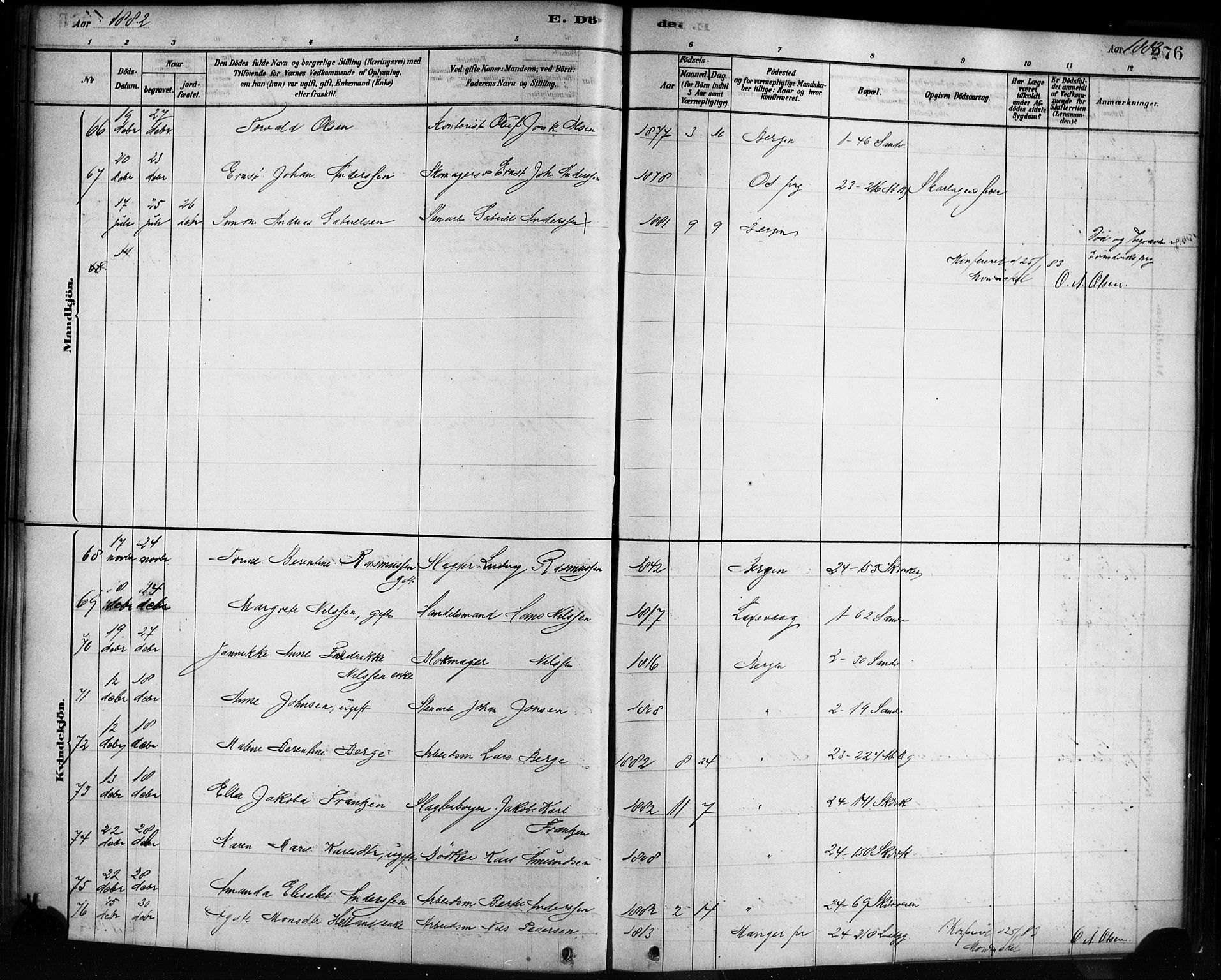 Sandviken Sokneprestembete, AV/SAB-A-77601/H/Ha/L0002: Parish register (official) no. A 2, 1878-1896, p. 276