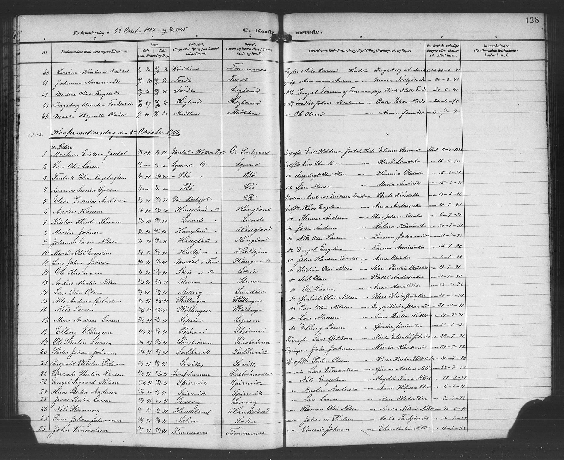 Os sokneprestembete, SAB/A-99929: Parish register (copy) no. A 3, 1897-1913, p. 128