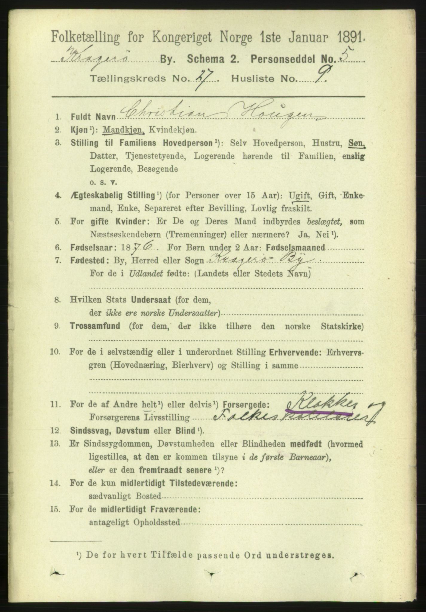 RA, 1891 census for 0801 Kragerø, 1891, p. 5337