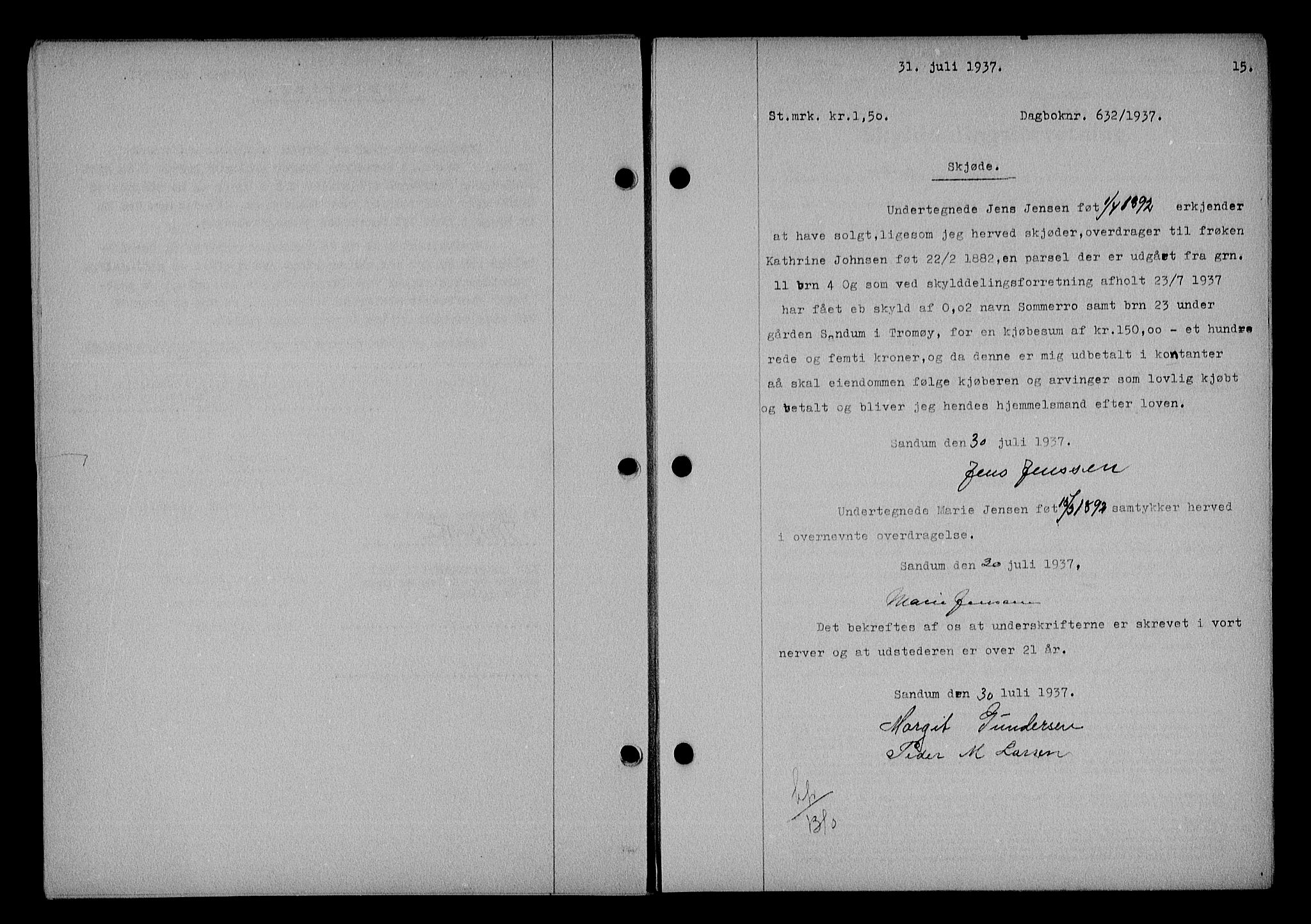 Nedenes sorenskriveri, AV/SAK-1221-0006/G/Gb/Gba/L0044: Mortgage book no. 40, 1937-1938, Diary no: : 632/1937