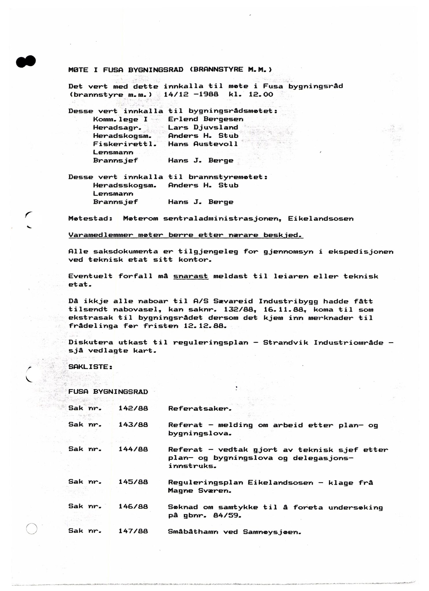 Fusa kommune. Bygningsrådet , IKAH/1241-511/A/Aa/L0015: Møtebok for Fusa bygningsråd, 1988