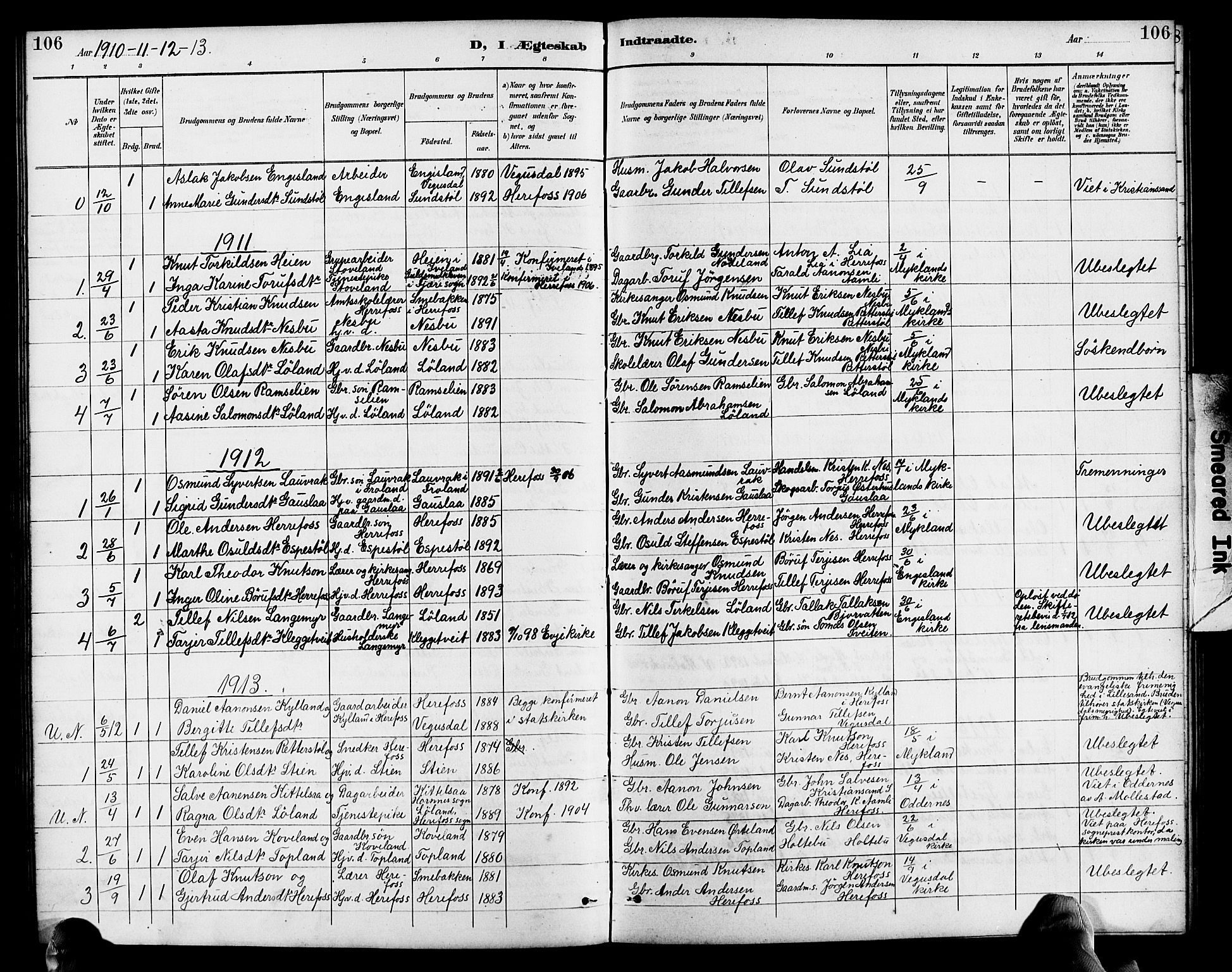 Herefoss sokneprestkontor, SAK/1111-0019/F/Fb/Fba/L0003: Parish register (copy) no. B 3, 1887-1925, p. 106