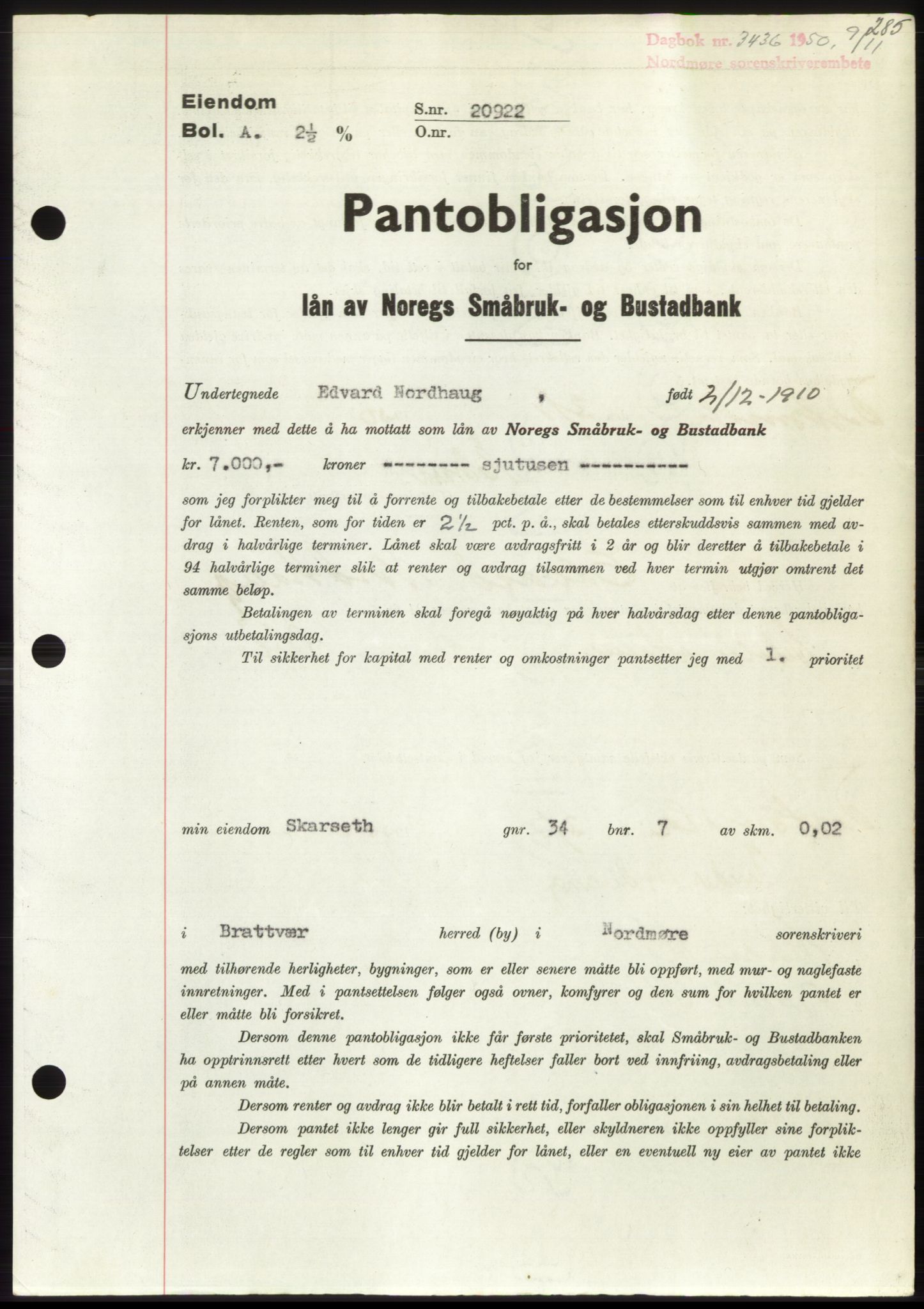 Nordmøre sorenskriveri, AV/SAT-A-4132/1/2/2Ca: Mortgage book no. B106, 1950-1950, Diary no: : 3436/1950