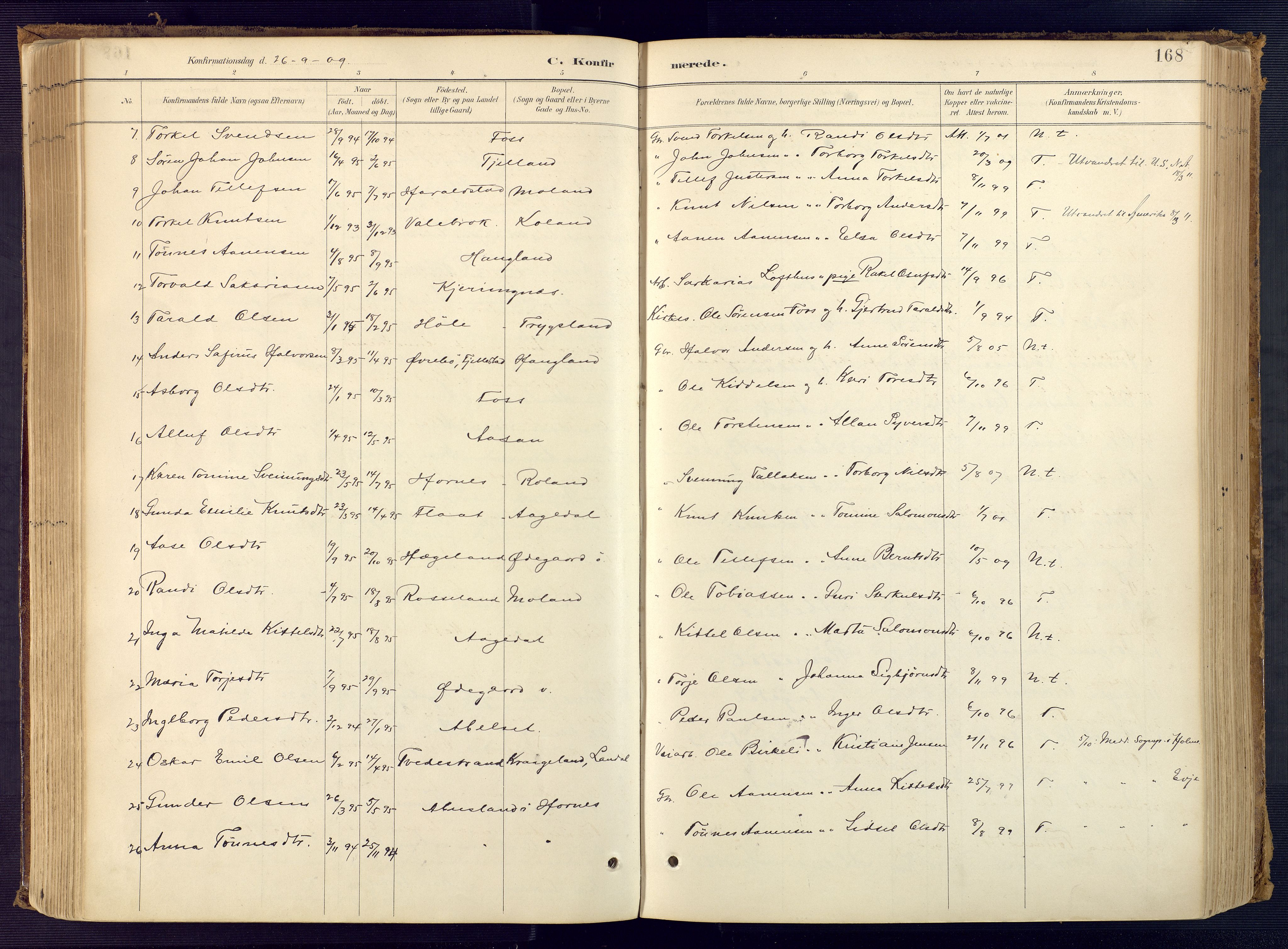 Bjelland sokneprestkontor, AV/SAK-1111-0005/F/Fa/Faa/L0004: Parish register (official) no. A 4, 1887-1923, p. 168