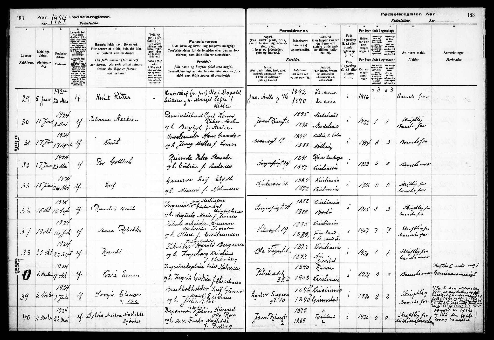 Fagerborg prestekontor Kirkebøker, AV/SAO-A-10844/J/Ja/L0001: Birth register no. 1, 1916-1925, p. 183
