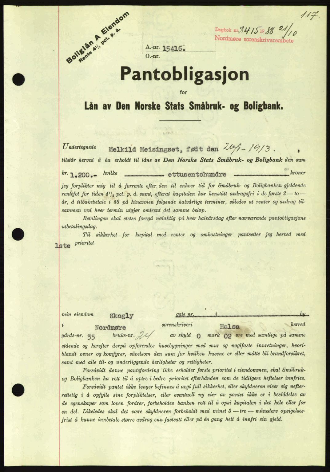 Nordmøre sorenskriveri, SAT/A-4132/1/2/2Ca: Mortgage book no. B84, 1938-1939, Diary no: : 2415/1938