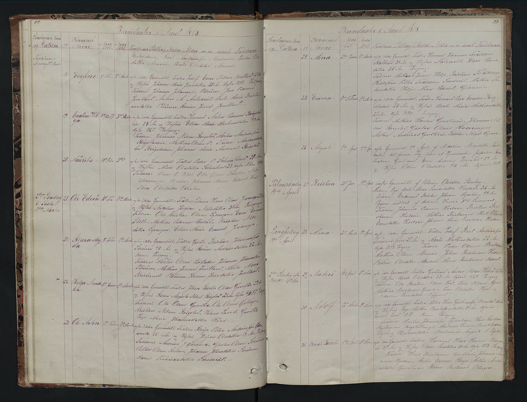 Vestre Toten prestekontor, AV/SAH-PREST-108/H/Ha/Hab/L0007: Parish register (copy) no. 7, 1872-1900, p. 54-55