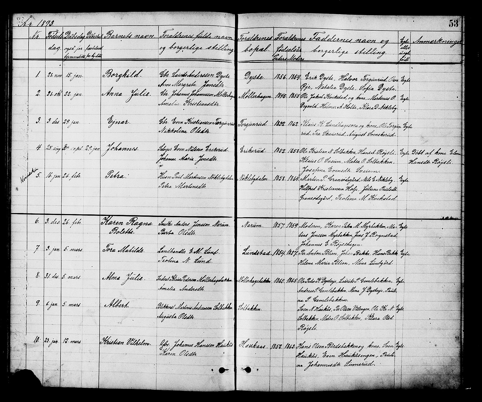 Vestre Toten prestekontor, SAH/PREST-108/H/Ha/Hab/L0008: Parish register (copy) no. 8, 1885-1900, p. 53