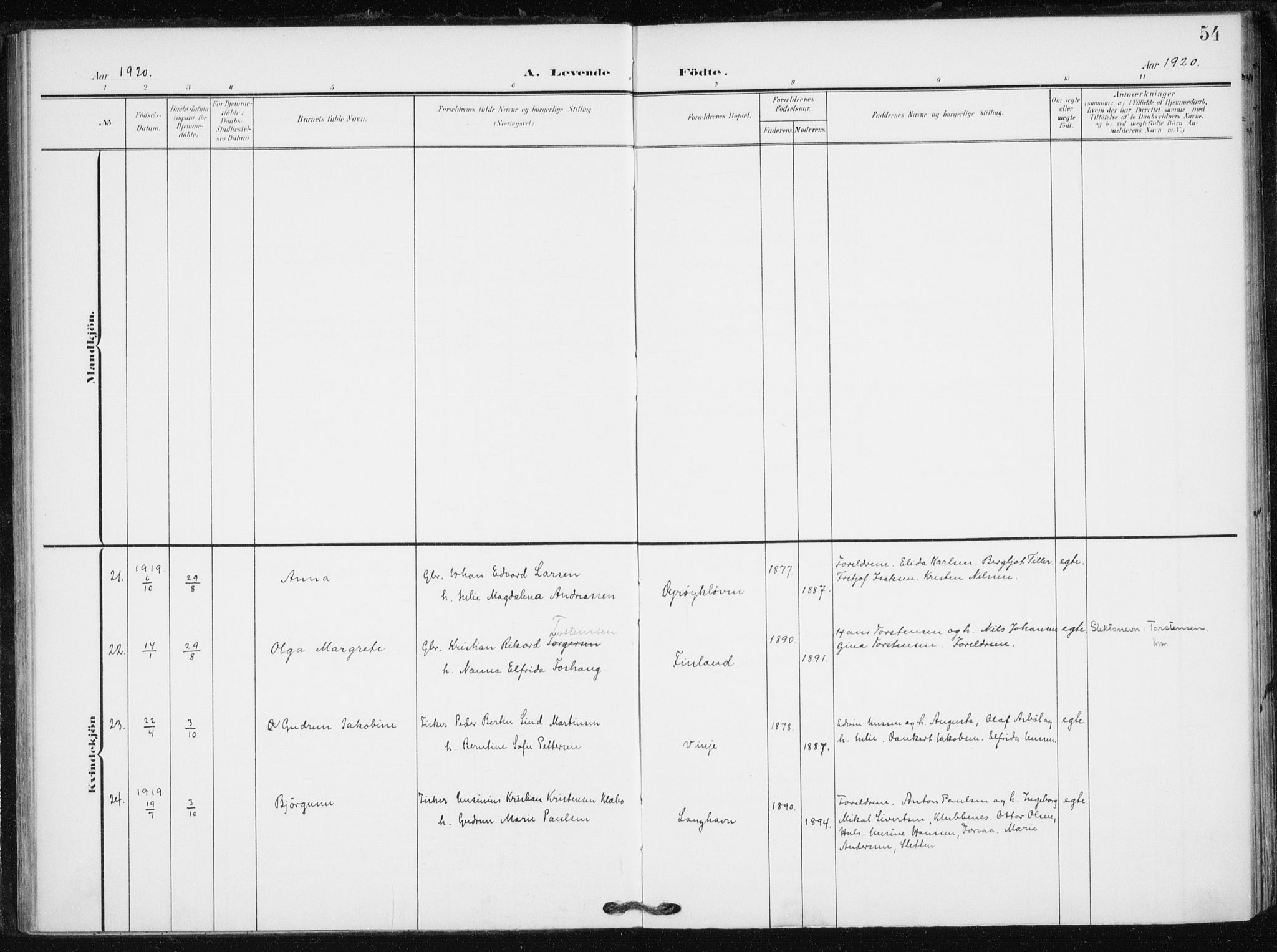 Tranøy sokneprestkontor, SATØ/S-1313/I/Ia/Iaa/L0013kirke: Parish register (official) no. 13, 1905-1922, p. 54