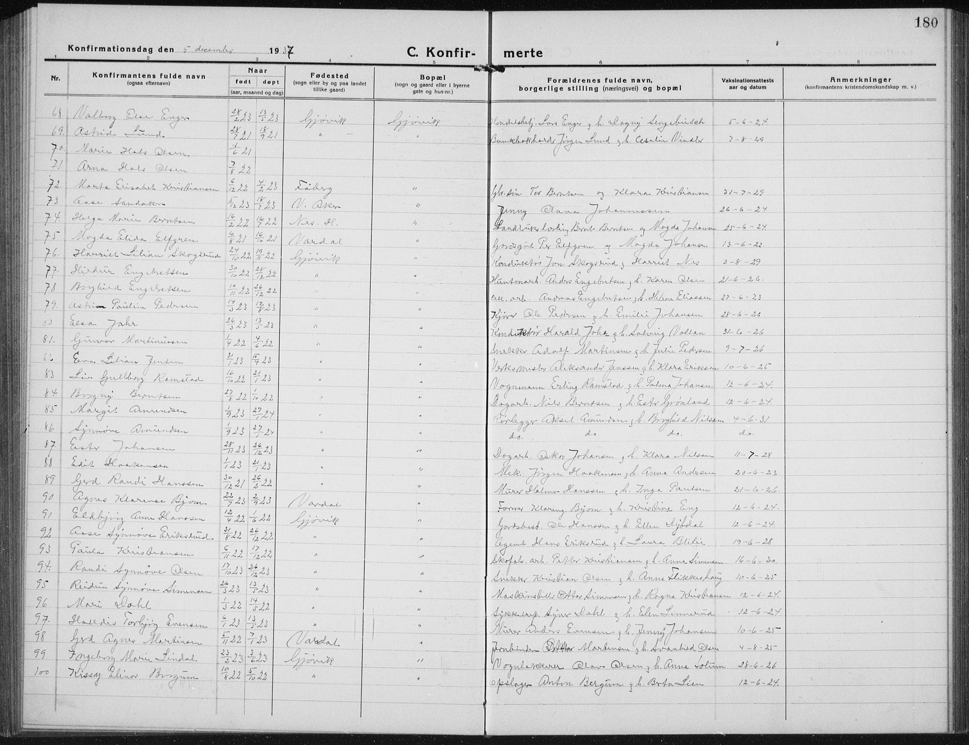Vardal prestekontor, SAH/PREST-100/H/Ha/Hab/L0017: Parish register (copy) no. 17, 1922-1941, p. 180