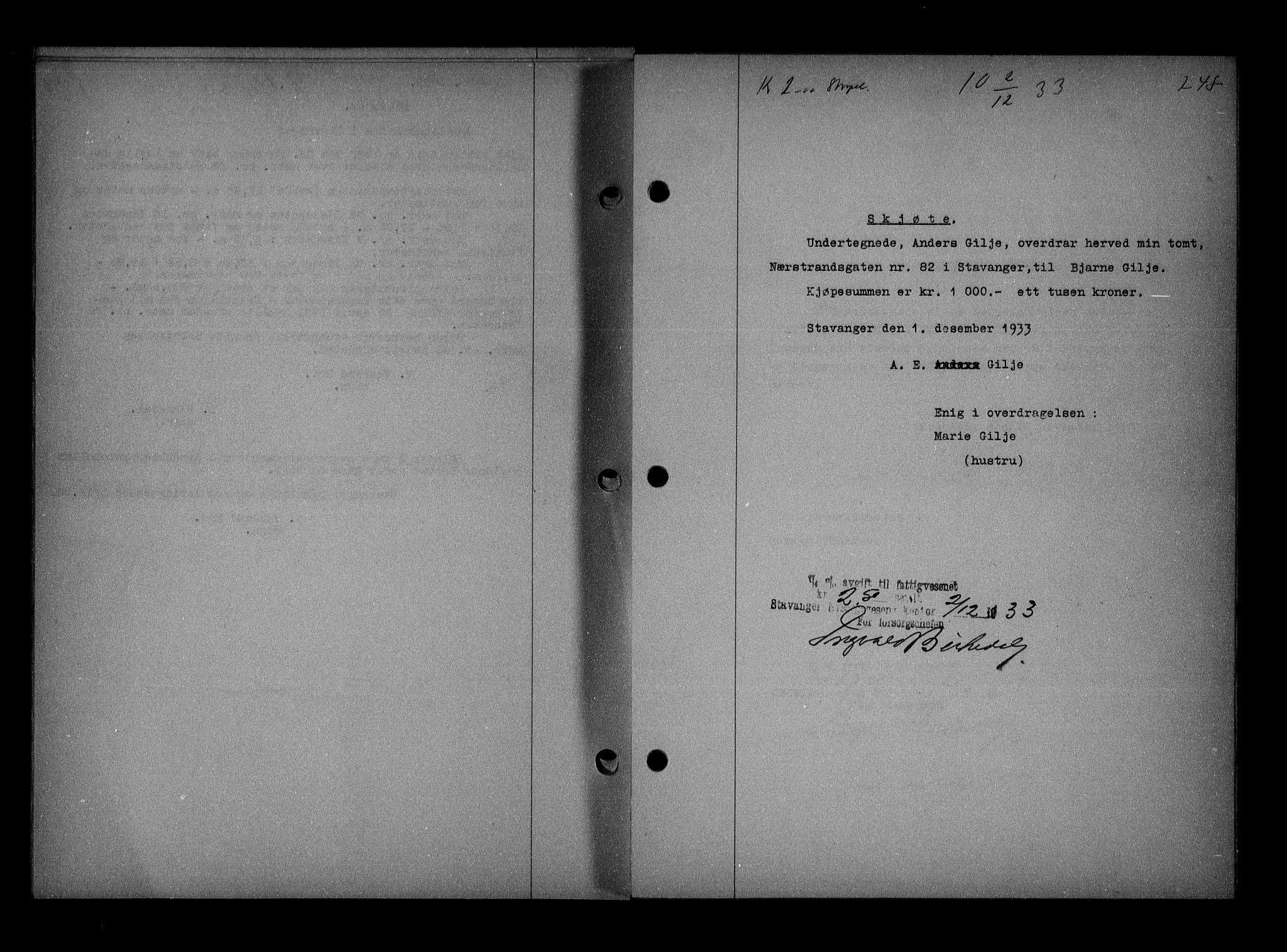 Stavanger byrett, AV/SAST-A-100455/001/4/41/410BB/L0005: Mortgage book no. 55, 1933-1934, Deed date: 02.12.1933