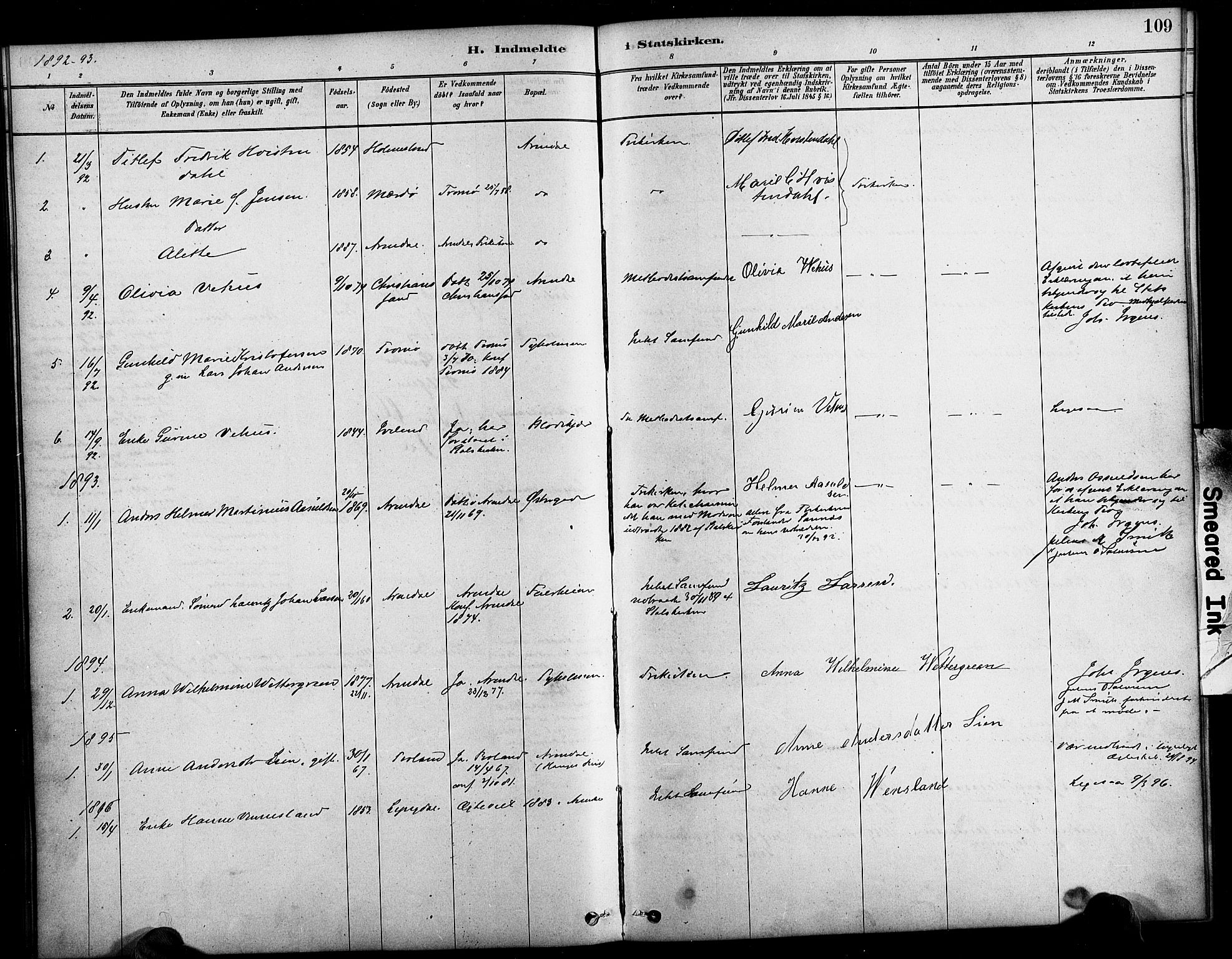 Arendal sokneprestkontor, Trefoldighet, AV/SAK-1111-0040/F/Fa/L0009: Parish register (official) no. A 9, 1878-1919, p. 109