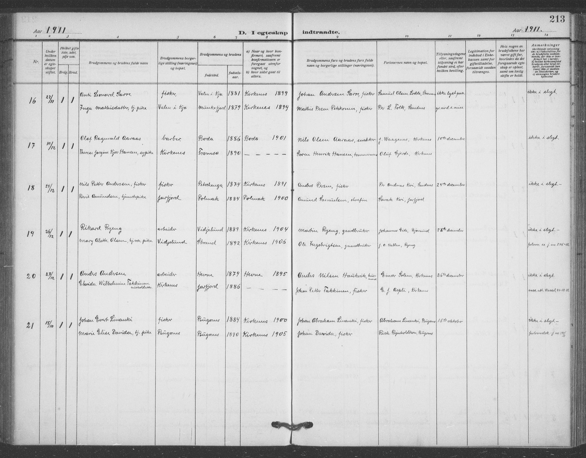 Sør-Varanger sokneprestkontor, AV/SATØ-S-1331/H/Ha/L0005kirke: Parish register (official) no. 5, 1909-1919, p. 213