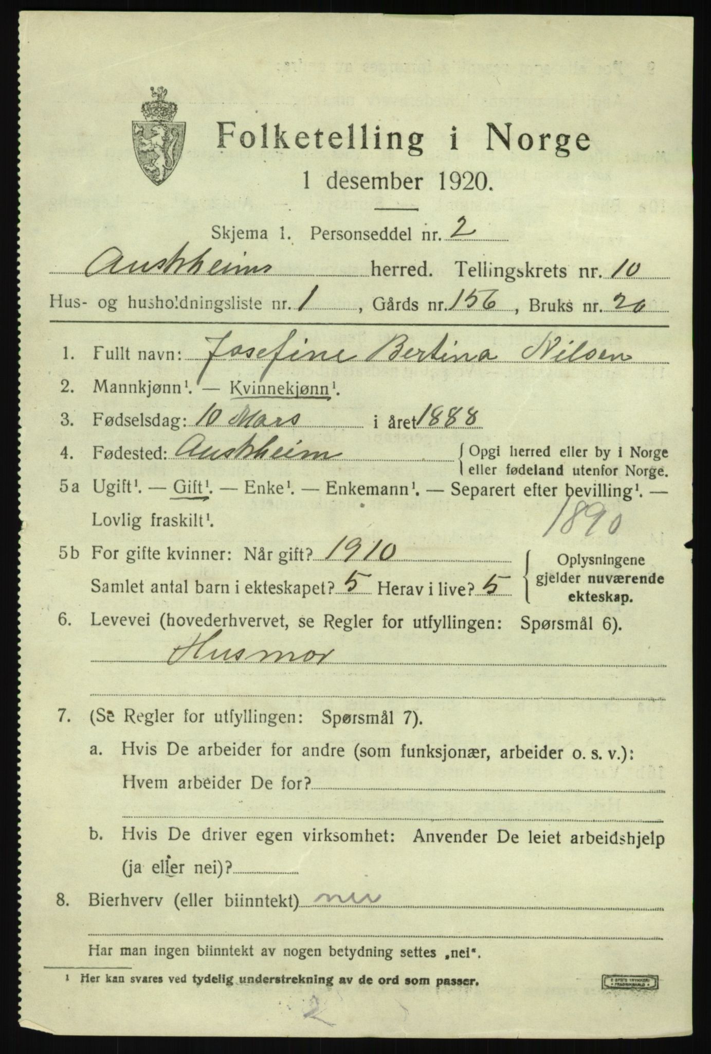 SAB, 1920 census for Austrheim, 1920, p. 3472