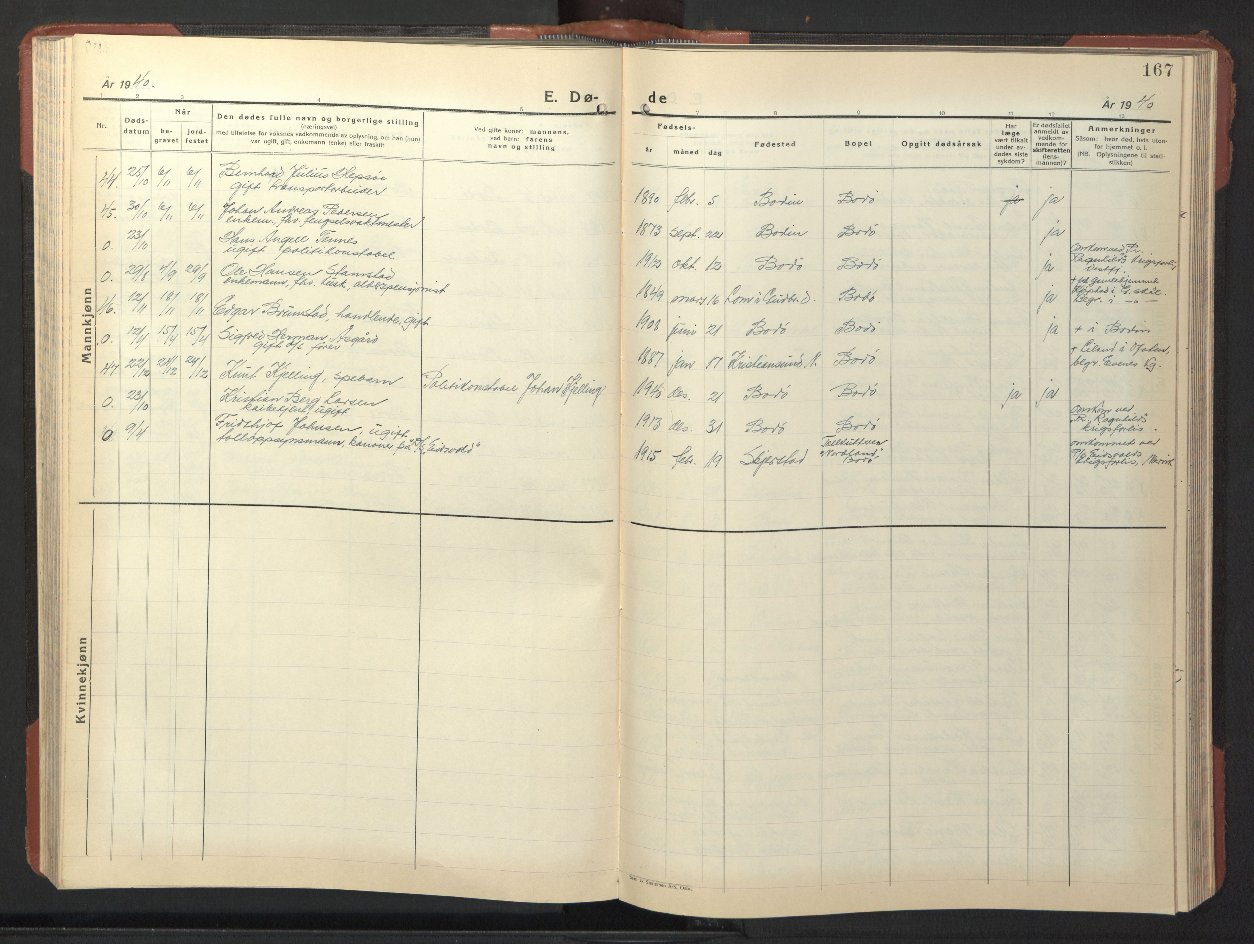 Ministerialprotokoller, klokkerbøker og fødselsregistre - Nordland, AV/SAT-A-1459/801/L0038: Parish register (copy) no. 801C13, 1935-1951, p. 167