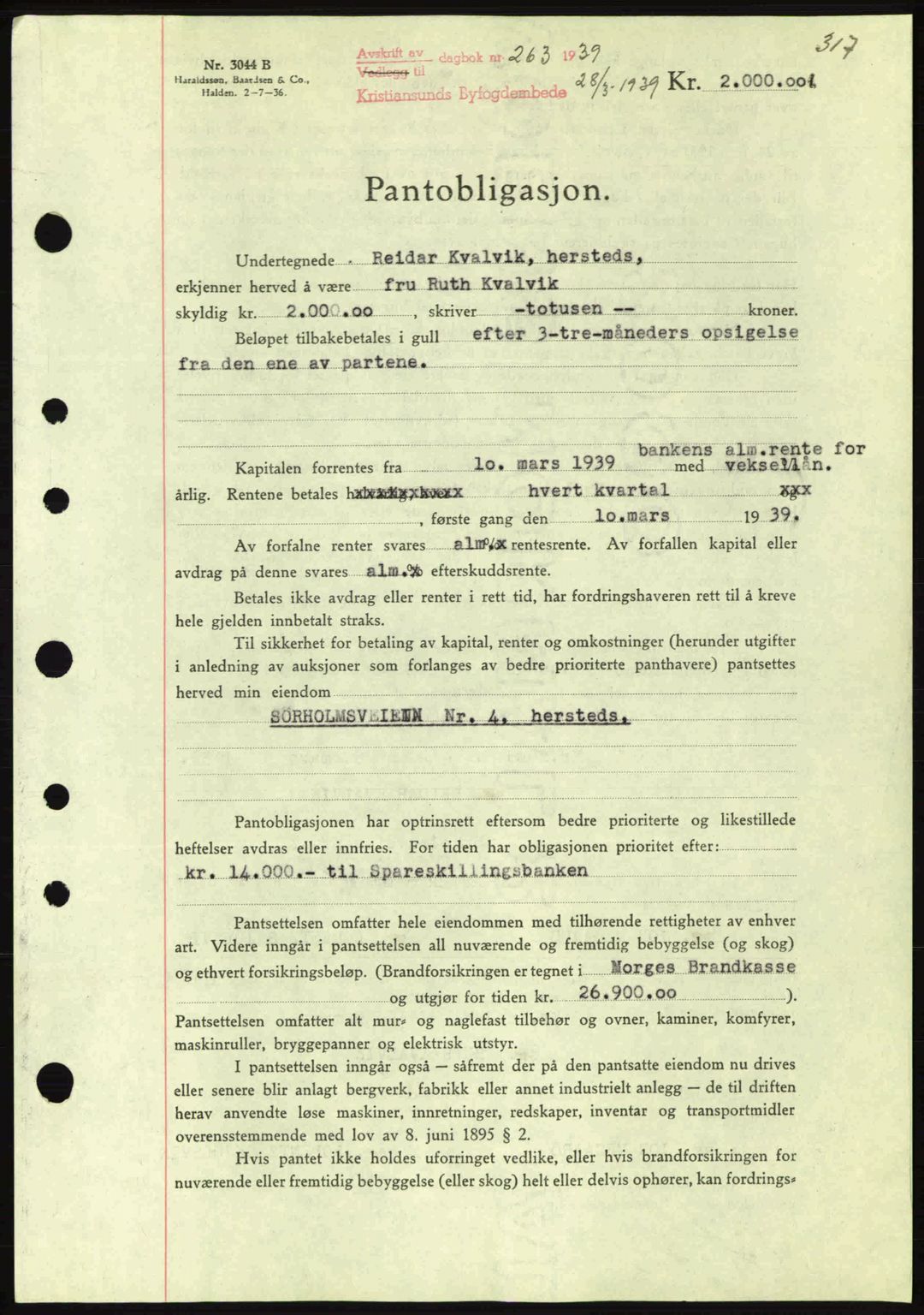 Kristiansund byfogd, SAT/A-4587/A/27: Mortgage book no. 31, 1938-1939, Diary no: : 263/1939