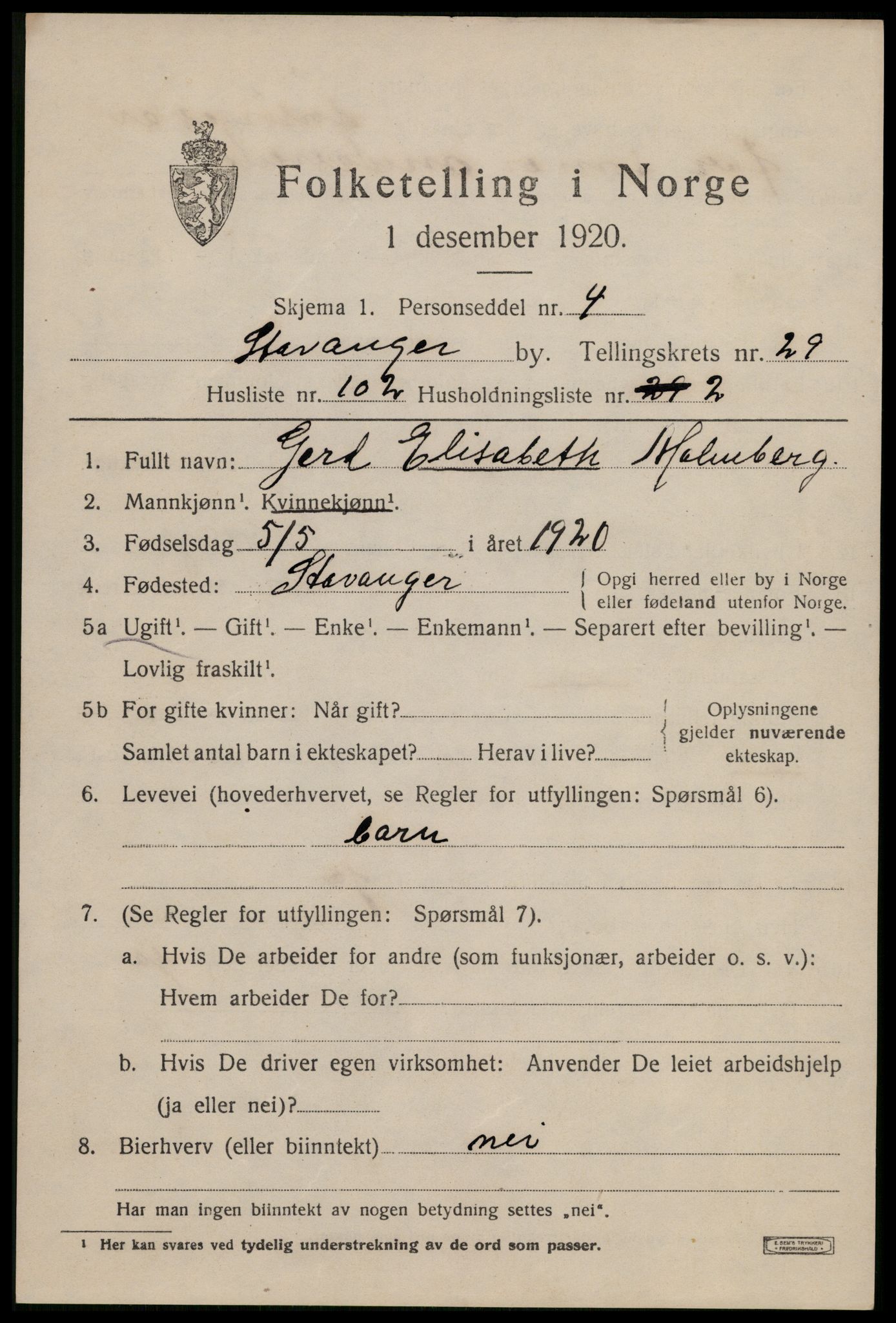 SAST, 1920 census for Stavanger, 1920, p. 84726