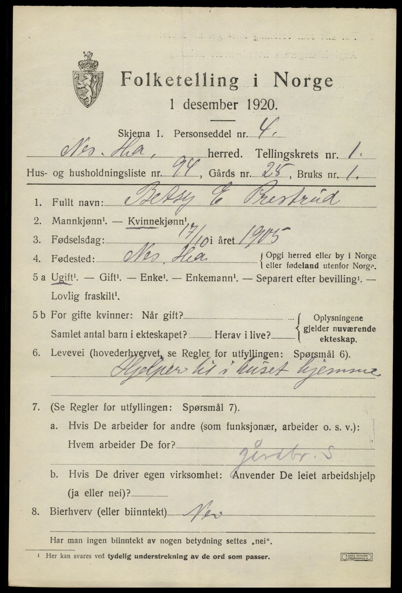 SAH, 1920 census for Nes (Hedmark), 1920, p. 2578