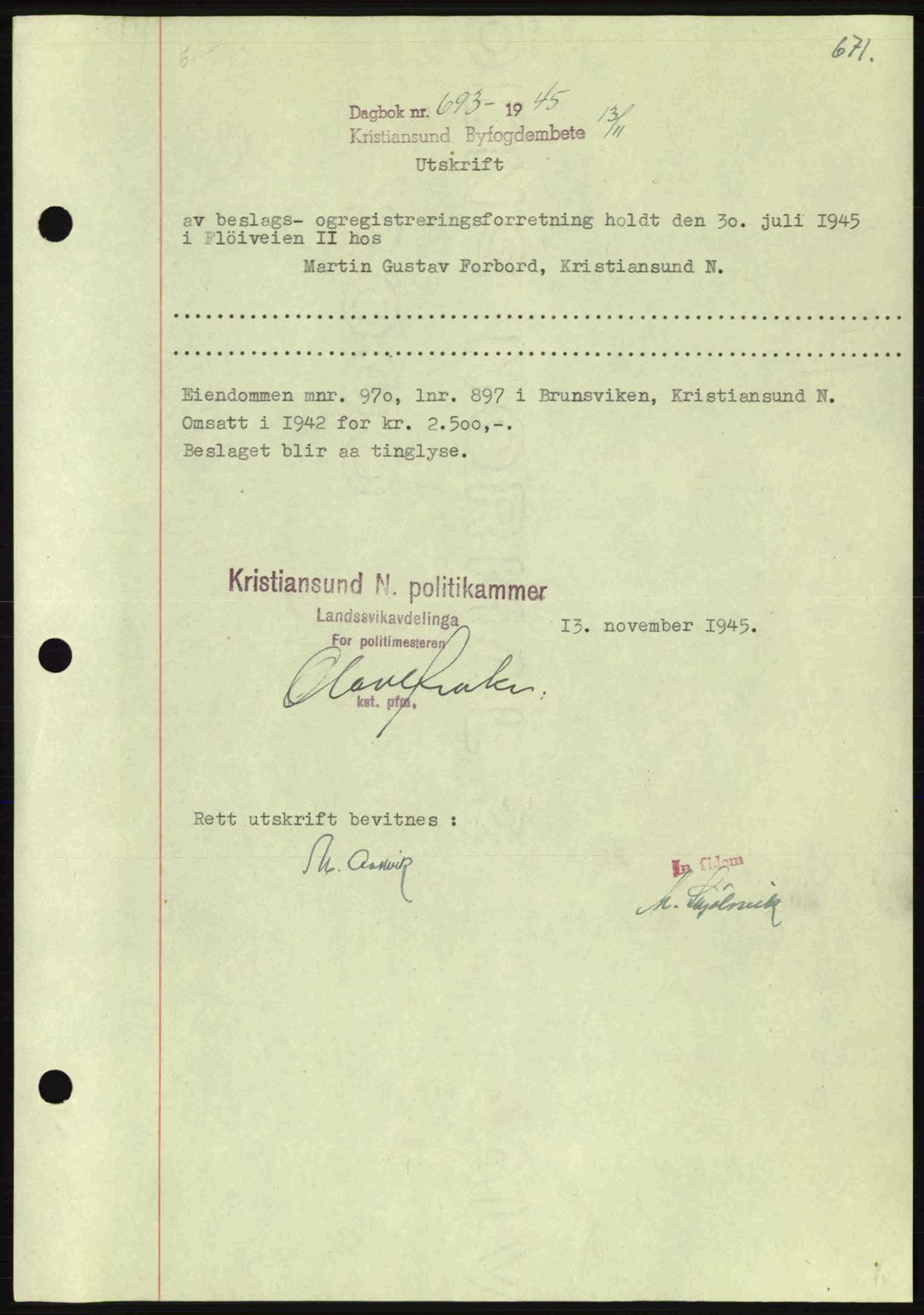 Kristiansund byfogd, AV/SAT-A-4587/A/27: Mortgage book no. 37-38, 1943-1945, Diary no: : 693/1945