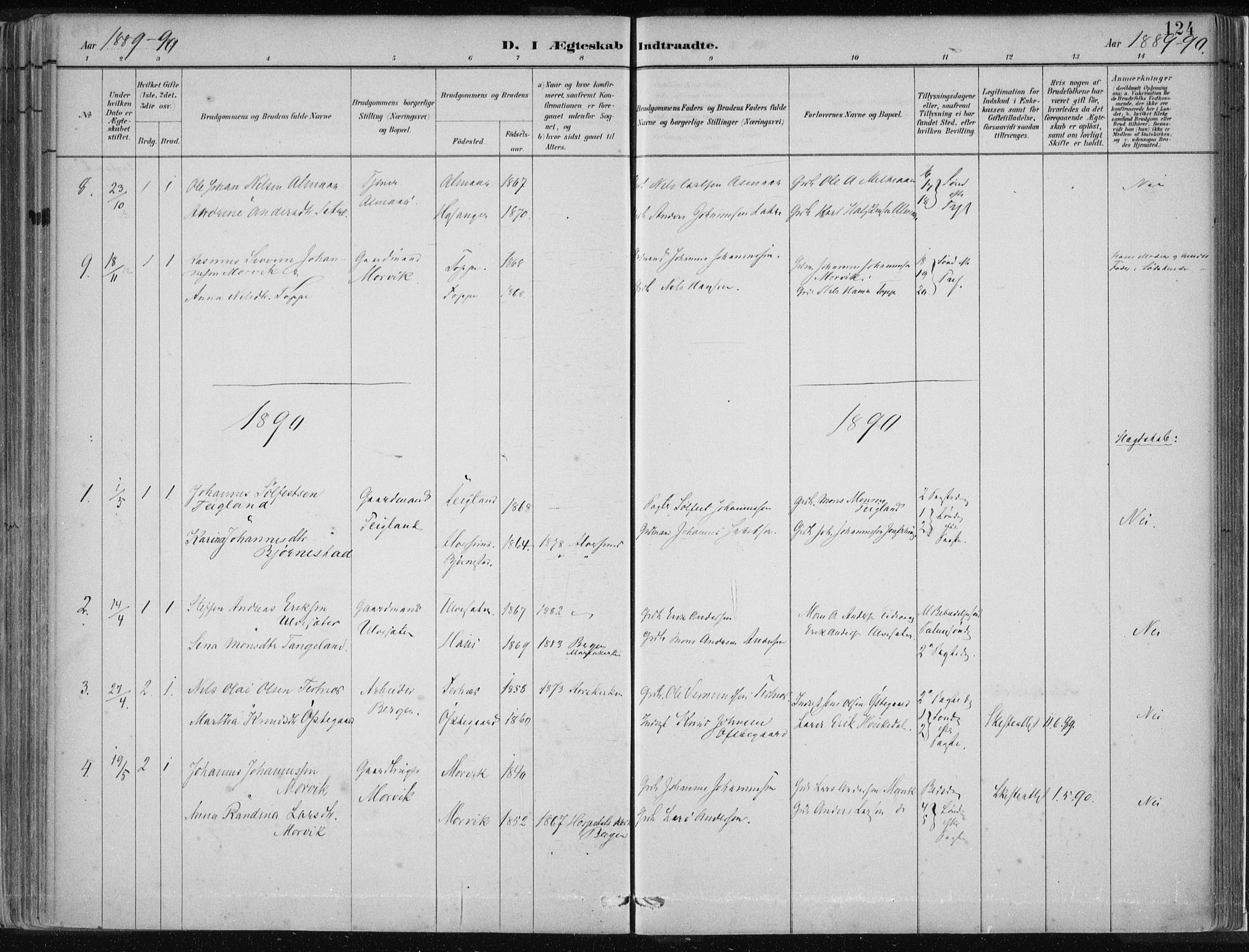 Hamre sokneprestembete, SAB/A-75501/H/Ha/Haa/Haad/L0001: Parish register (official) no. D  1, 1882-1906, p. 124