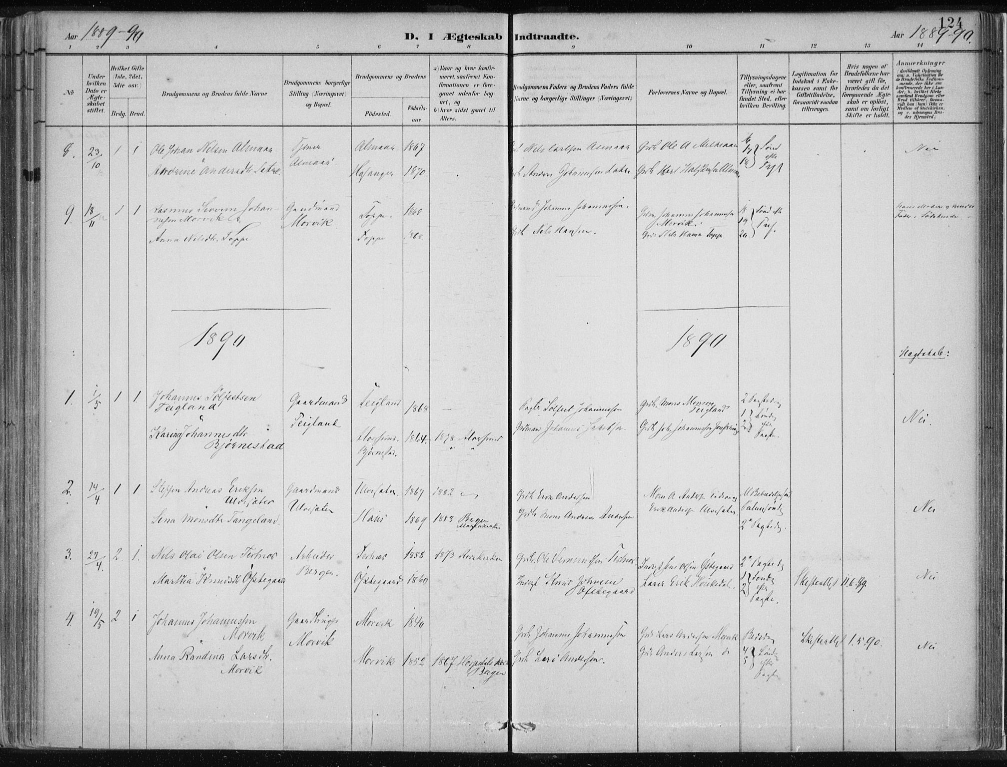 Hamre sokneprestembete, AV/SAB-A-75501/H/Ha/Haa/Haad/L0001: Parish register (official) no. D  1, 1882-1906, p. 124